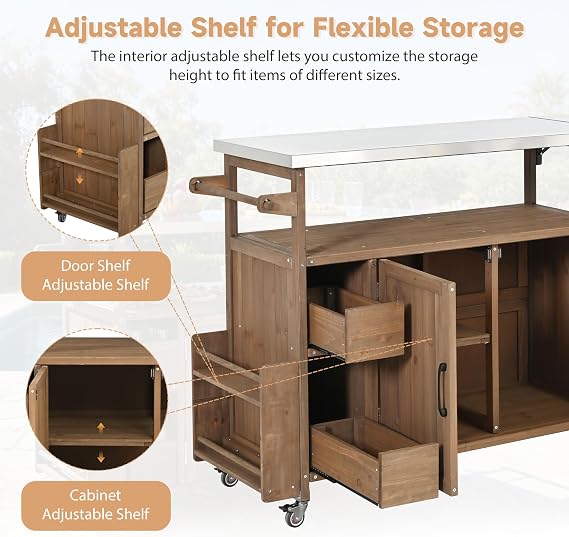 54.33 Farmhouse Rolling Outdoor Kitchen Cart,Solid Wood Frame with Stainless Steel Top, Spice Rack, Towel Rack, Lockable Wheels,for Backyard BBQ & Kitchen (Natural-ok)