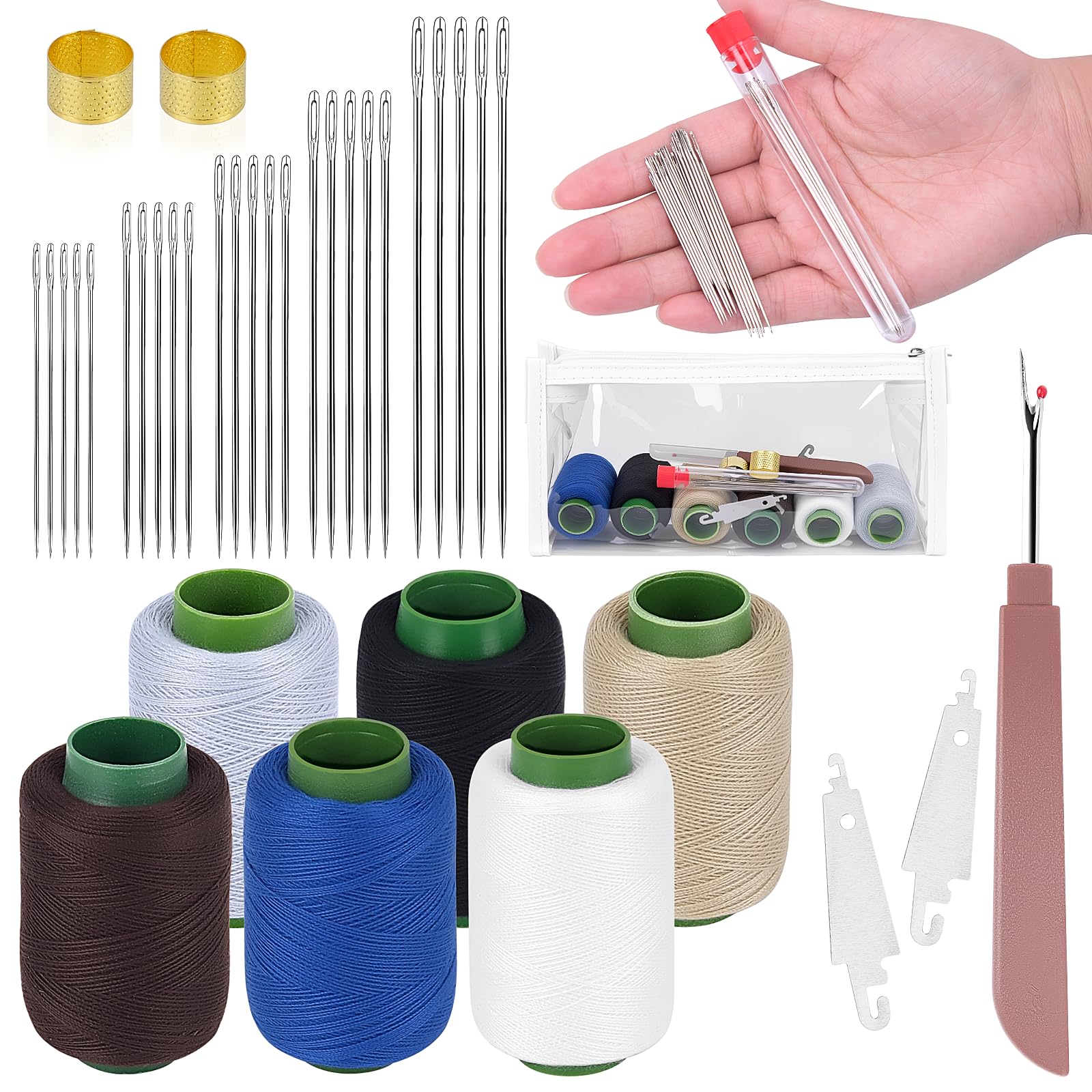 Homgaty Stainless Steel Sewing Needles Set - Large Eye Needle Kit with Thread, Thimbles & Accessories, Complete Hand Sewing Supplies for Adults, Emergency Repair & Travel Sewing Pack