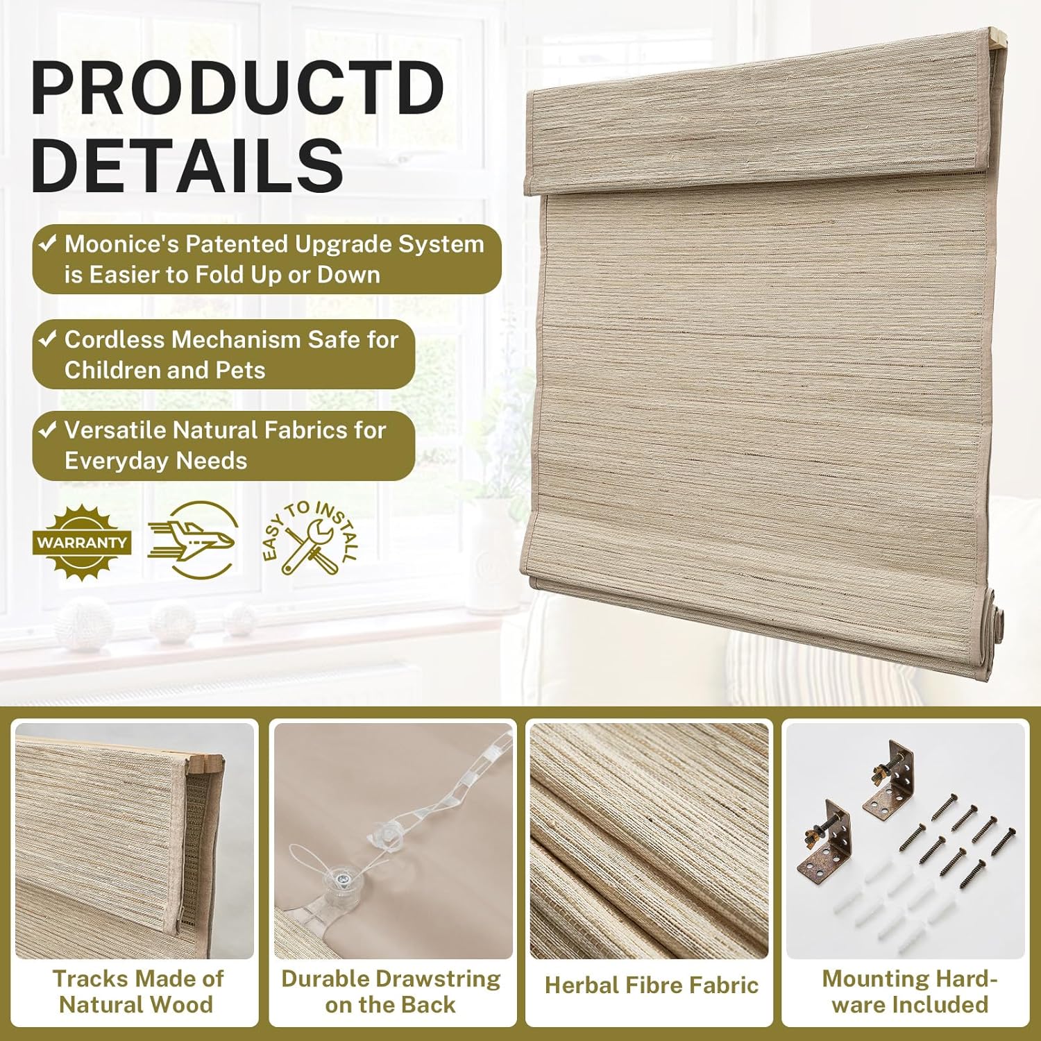 Cordless Custom Roman Shades for Window Blackout, Natural Woven Fabric Privacy Room Darkening Blinds, Thermal Insulated Window Blind Treatment for Bedroom Living Room, AWLMond