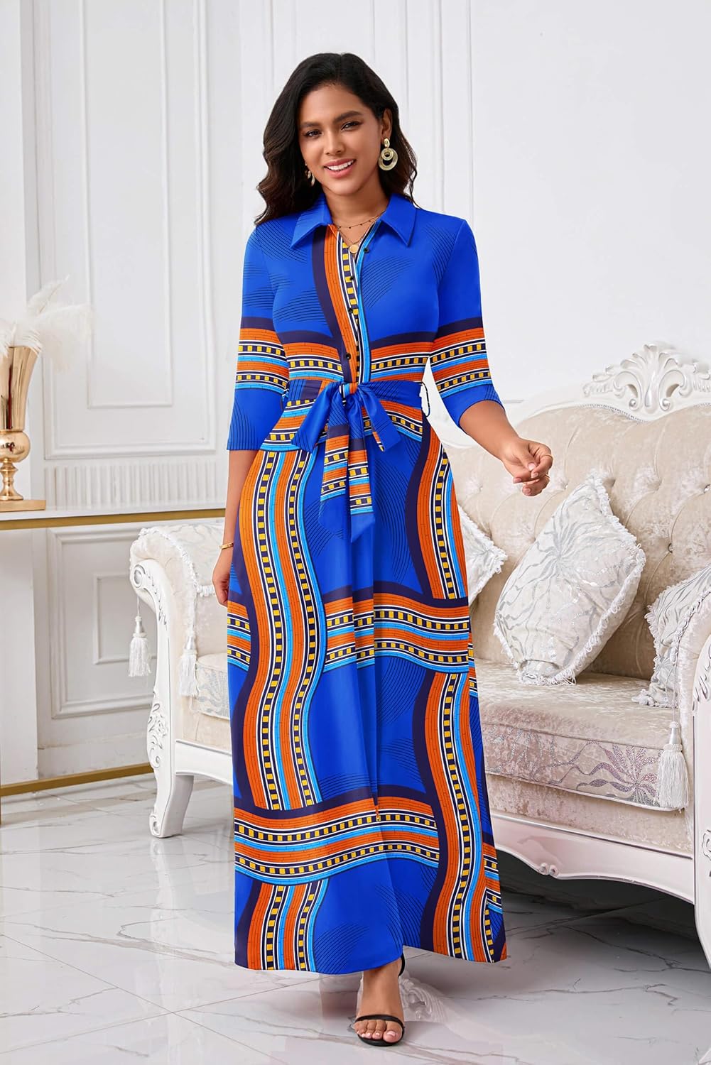 Runwind Women Church Maxi Dresses 3/4 Sleeve Button Down Print Casual Office Dress African - Image 2