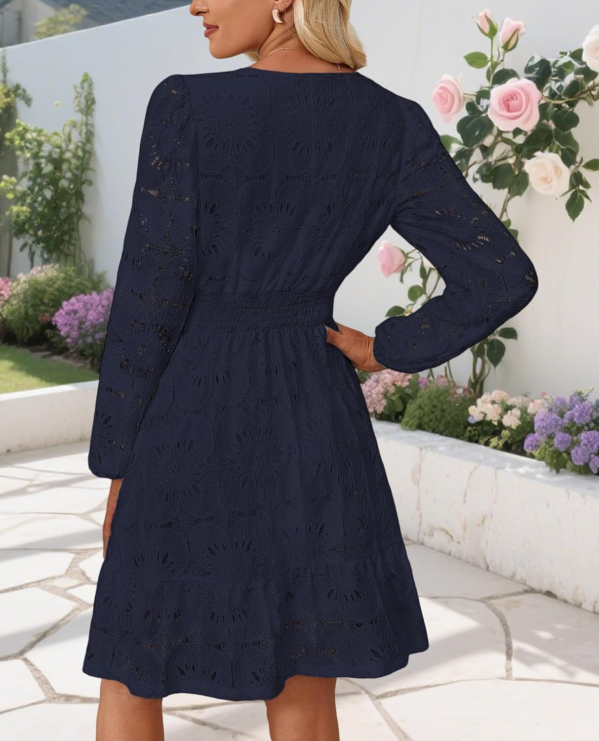Women's Long Puff Sleeve Floral Mini Dress Spring V Neck Hollow Out Eyelet Lace Embroidery Ruffle A Line Swing Short Dresses - Image 4