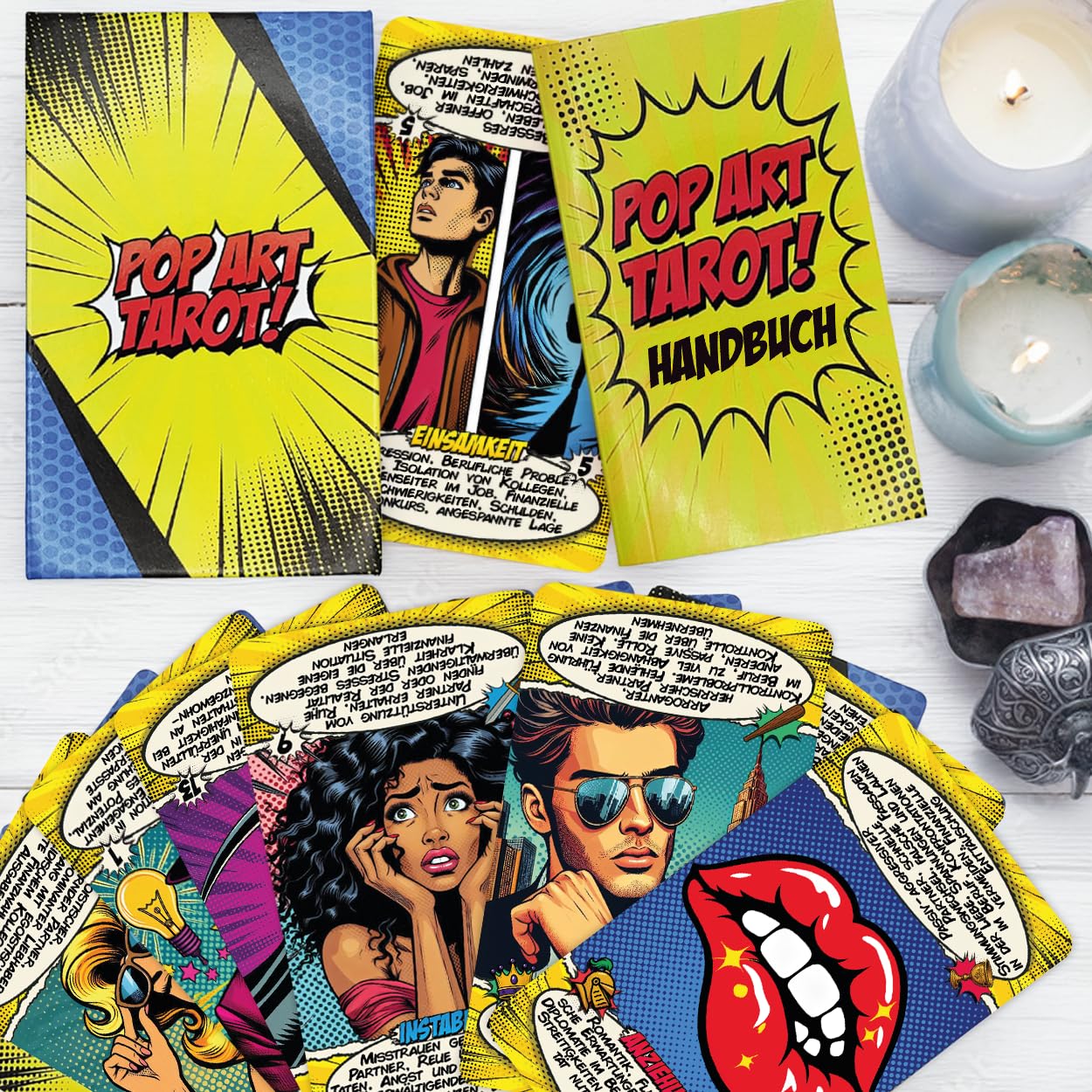 Tarotkarten Pop Art Tarot – 78 Tarot Karten Deutsch mit Bedeutungen – Magnetische Geschenkbox – 400 GSM Dicke Karten, einfache Mischung – Tarotkarten mit Buch (Deutsch)