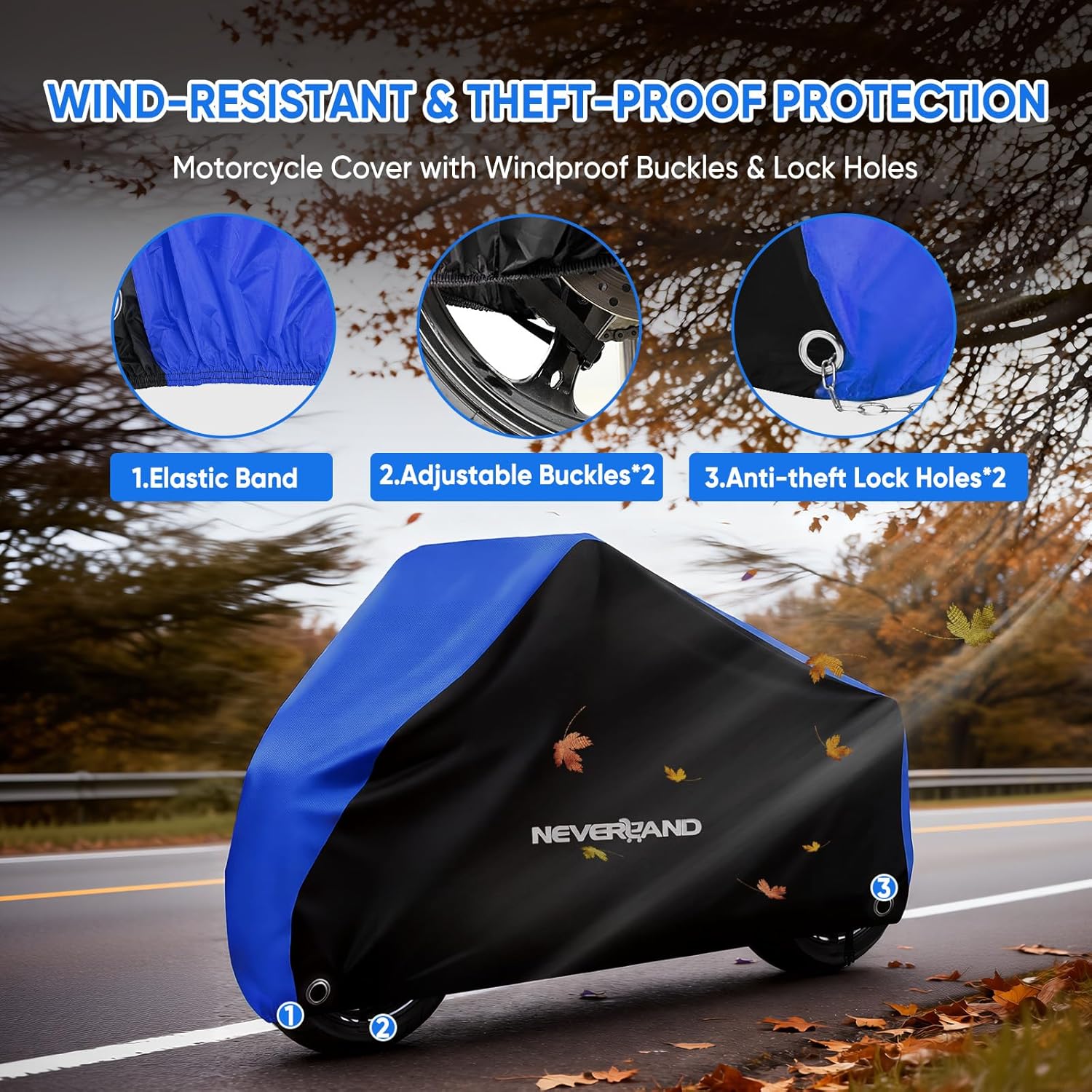 NEVERLAND Motorcycle Cover Waterproof Outdoor - All Season Scooter Covers Heavy Duty with 2 Lock-Holes, Bandage & Storage Bag Fits Most Motorcycles, Scooters, Dirt Bikes, Sportbikes (Up to 86”)