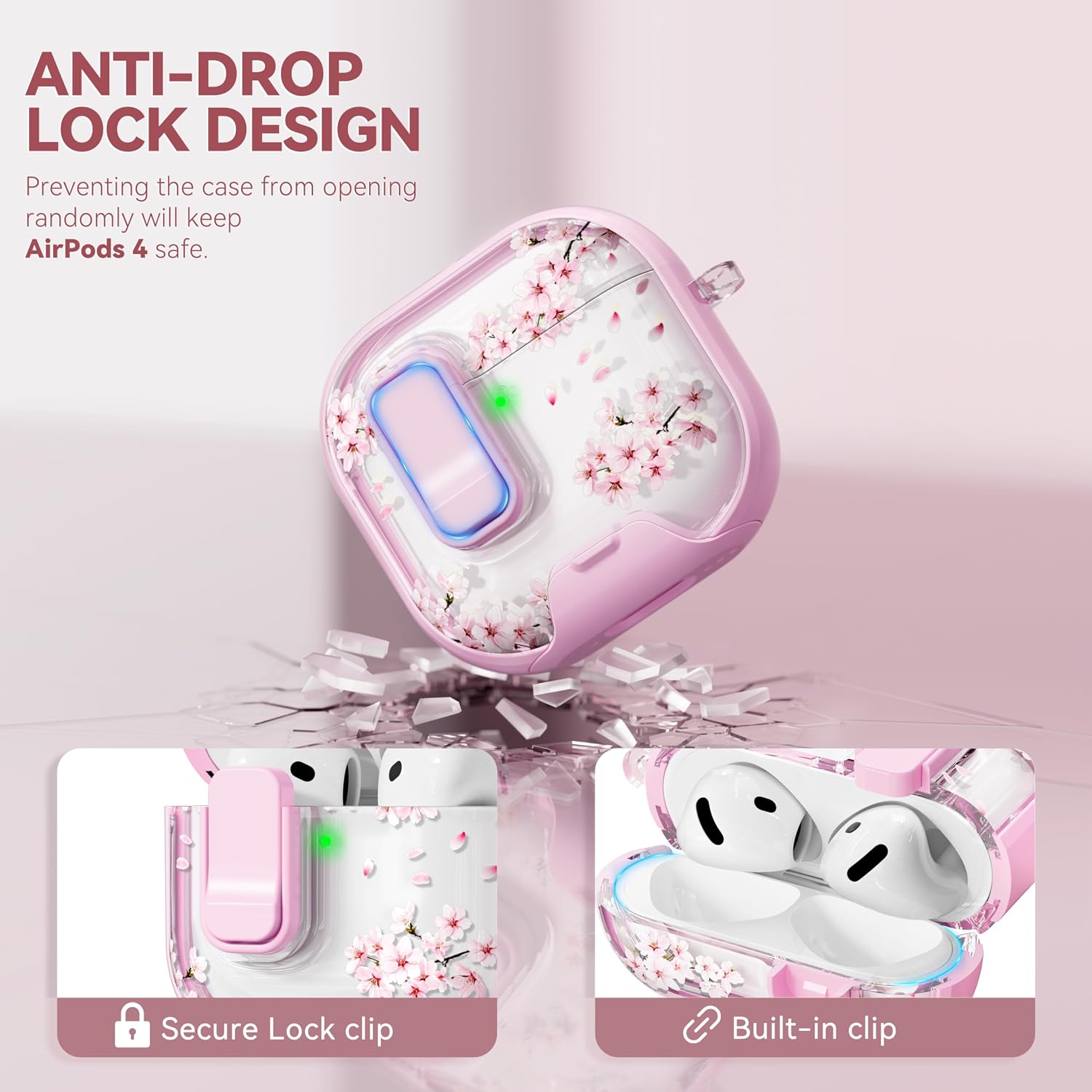 for AirPods 5/4 Case with Safety Lock & Phone Stand,Pink Sakura