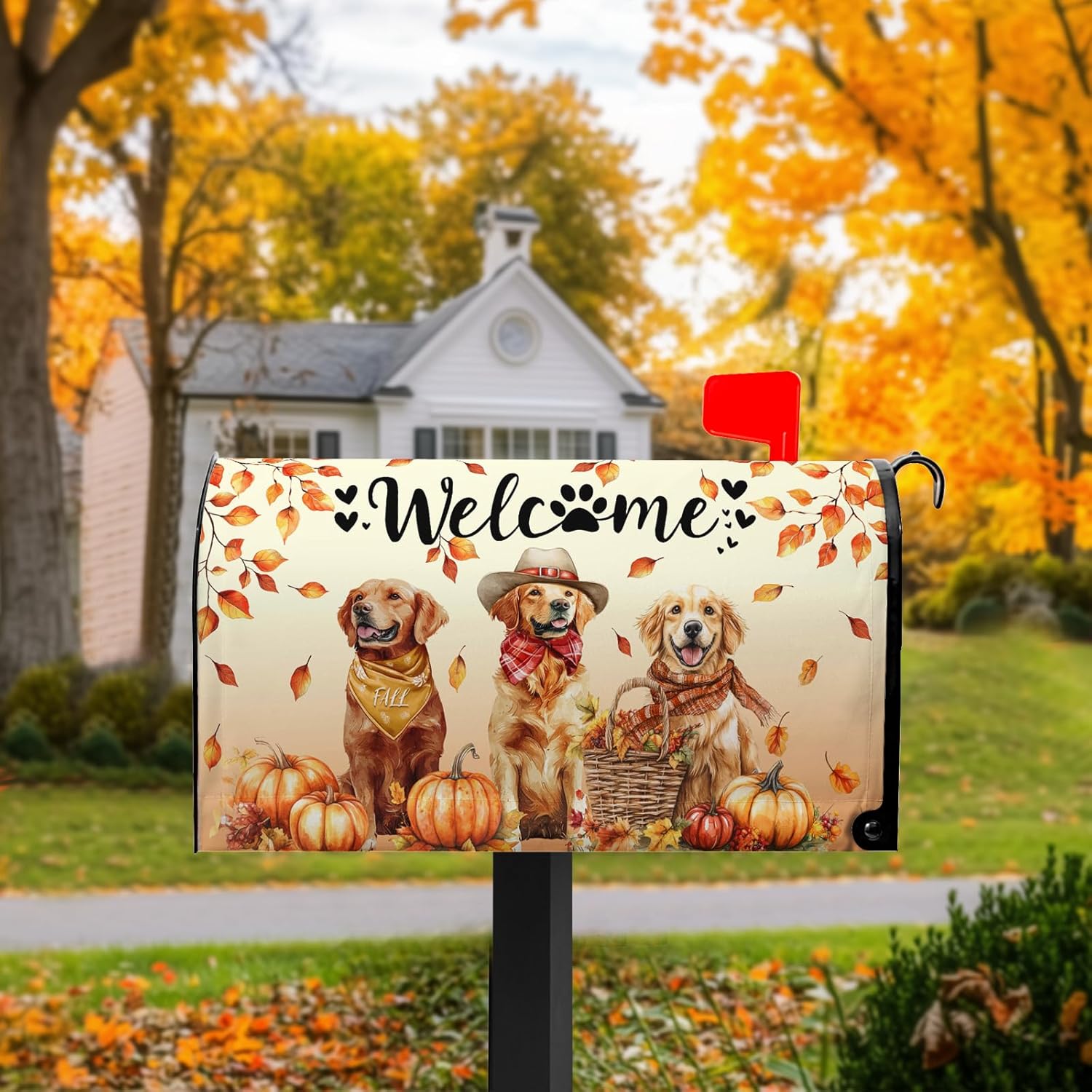 Welcome Dog Mailbox Cover Fall Mailbox Covers Pumpkin Mail Box Covers Magnetic Standard Size 21x18 inch Autumn Maple Leaf Post Letter Box Wraps for Garden Outdoor Yard Decor