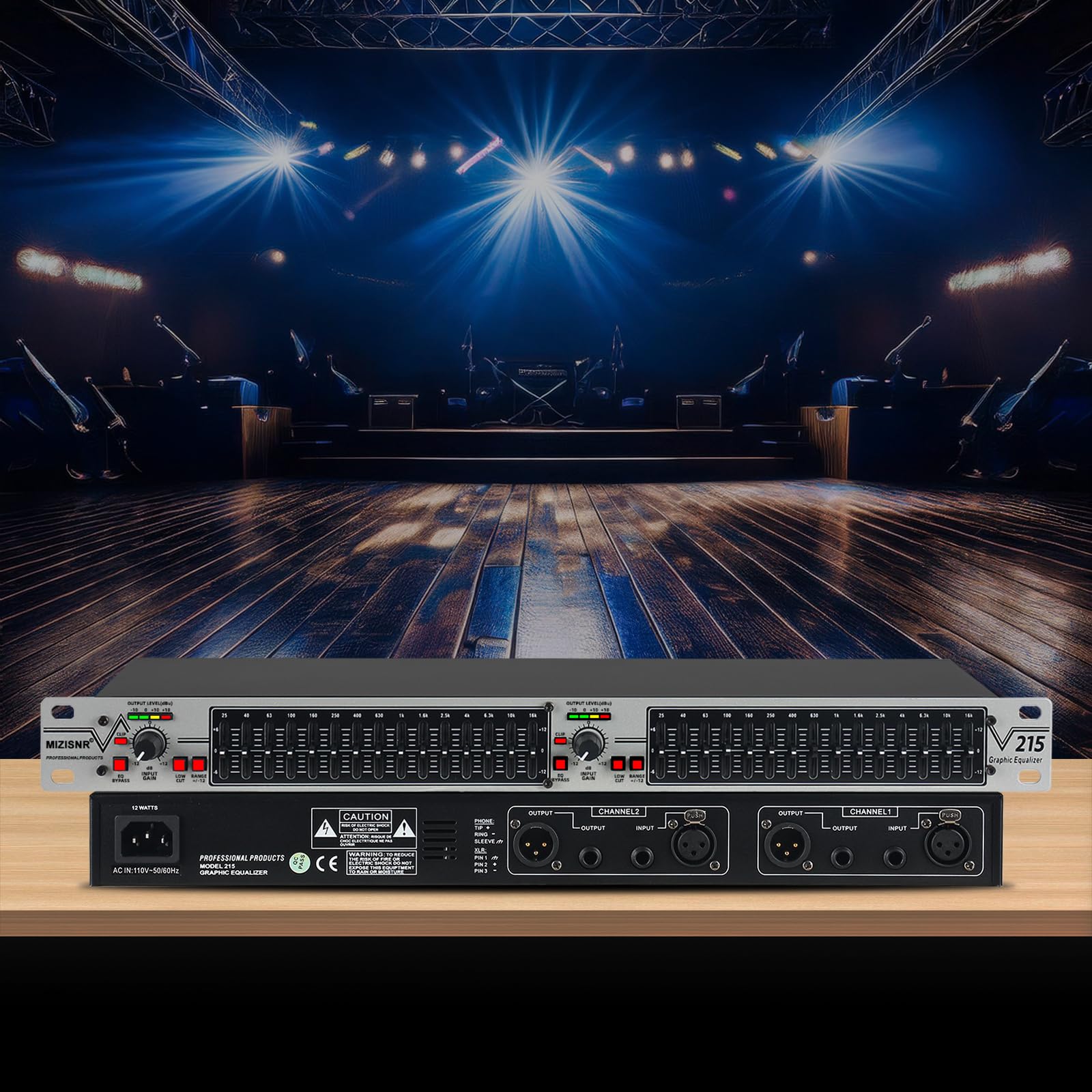 Ecualizador gráfico estéreo de 15 Bandas para Audio doméstico, Ecualizador Profesional de DJ Plateado de Doble Canal, reducción de Ruido de Montaje en Rack de 1U (EQ-215S)