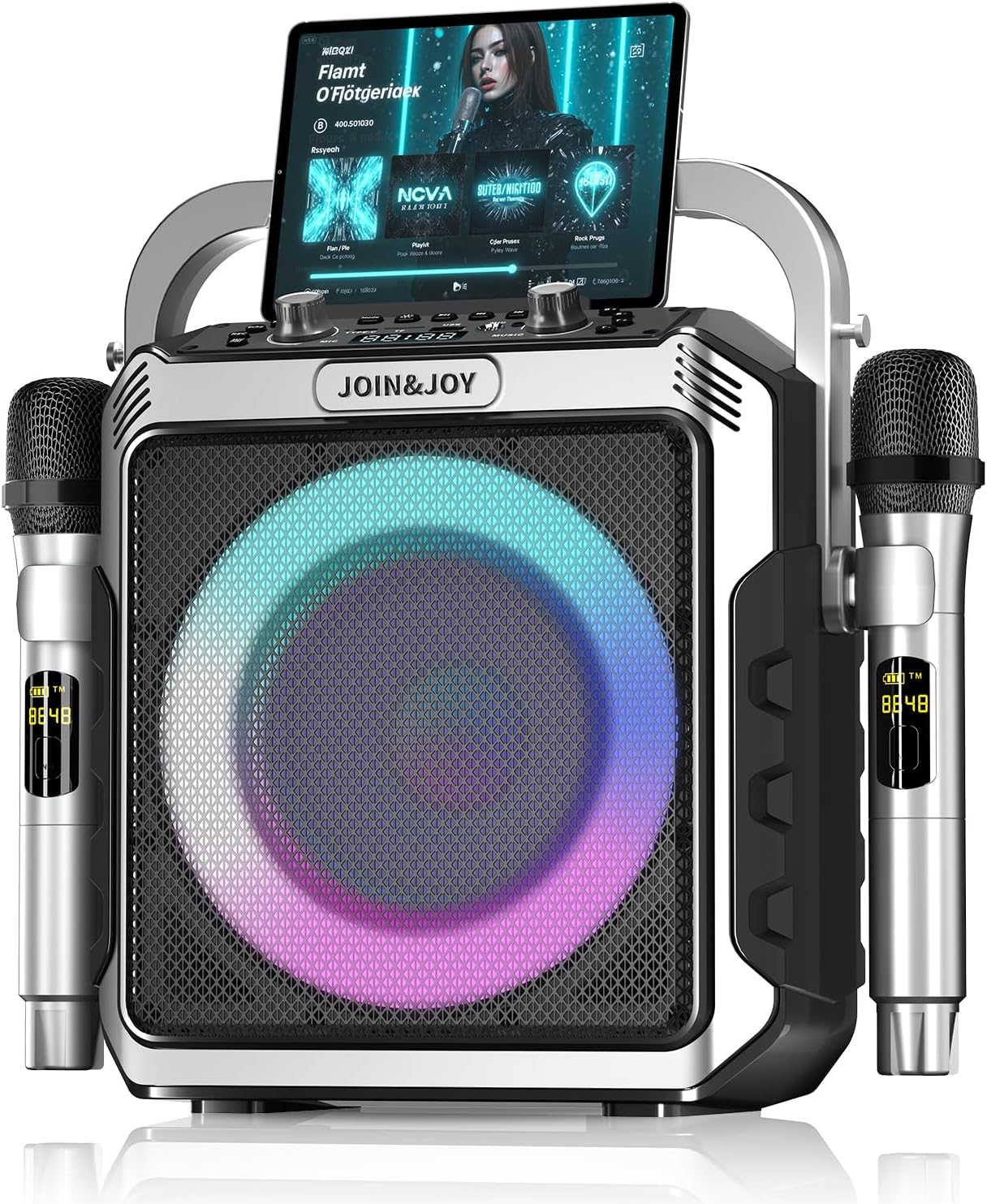 Portable Karaoke Machine, with 2 Wireless Microphones & LED Lights