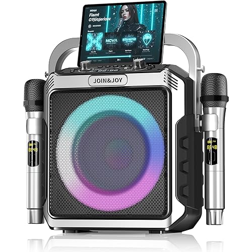 Portable Karaoke Machine, with Wireless Microphones, Bluetooth Party Speaker with LED Lights, Loud Subwoofer, USB/AUX, Outdoor Karaoke Speaker for Adults & Kids, Home & Party