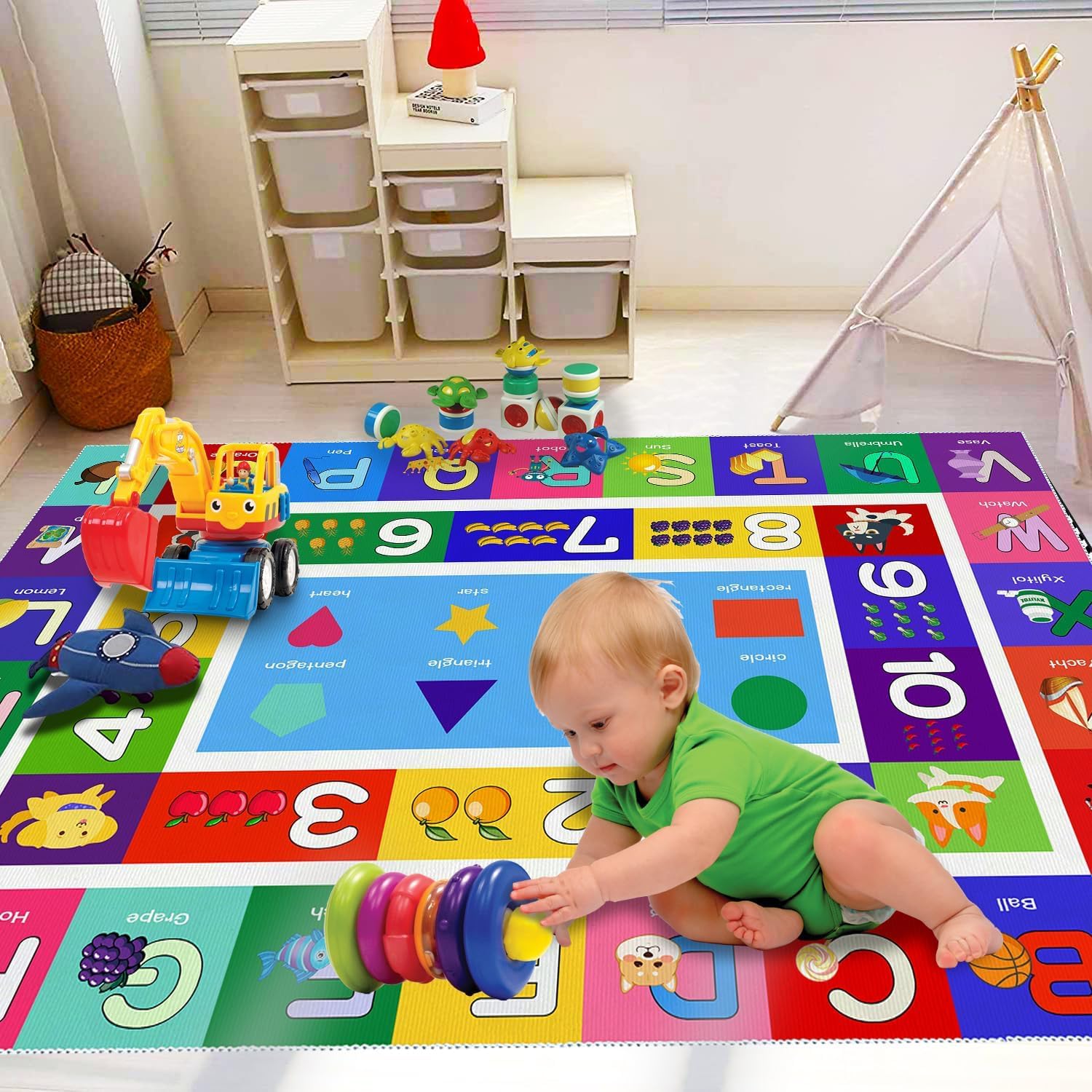 ABC Kids Play Rug - Number Alphabet Shape Fruit Learning Educational Area Rug - Large Non-Slip Kids Room Play Mat (Alphabet, 6' x 4' (Rectangular))