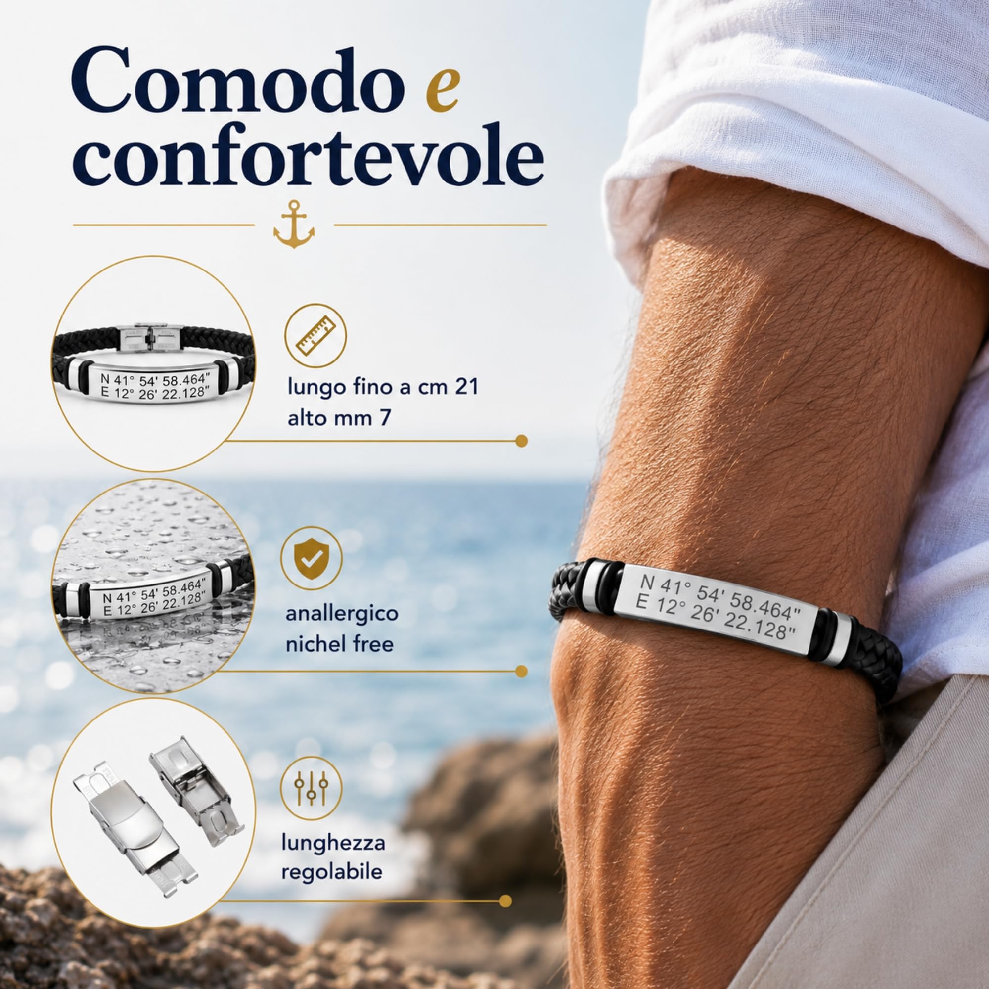 Bracciale Uomo Personalizzato in Acciaio e Pelle – Incisione Nome, Data, Frase o Coordinate | Idea Regalo Personalizzabile per Lui, Amico, Papà, Fidanzato bcc1690d