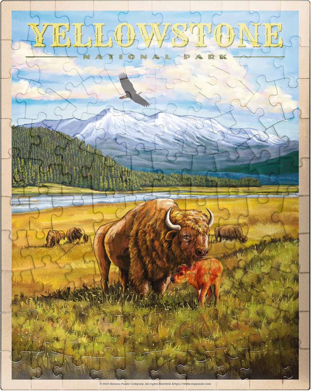 MyPuzzle Yellowstone National Park - Hayden Valley Bisons, Vintage Travel Poster - Premium 1000 Piece Jigsaw Puzzle for Adults