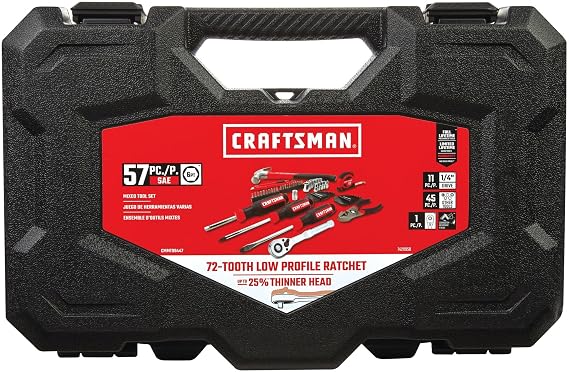 CRAFTSMAN 57 Piece Mechanics Tool Set Home Tool Set, Sockets, Ratchet, Screwdrivers, Hammer, Pliers, Hex Keys, Specialty Bits Hand Tools (CMMT99447)