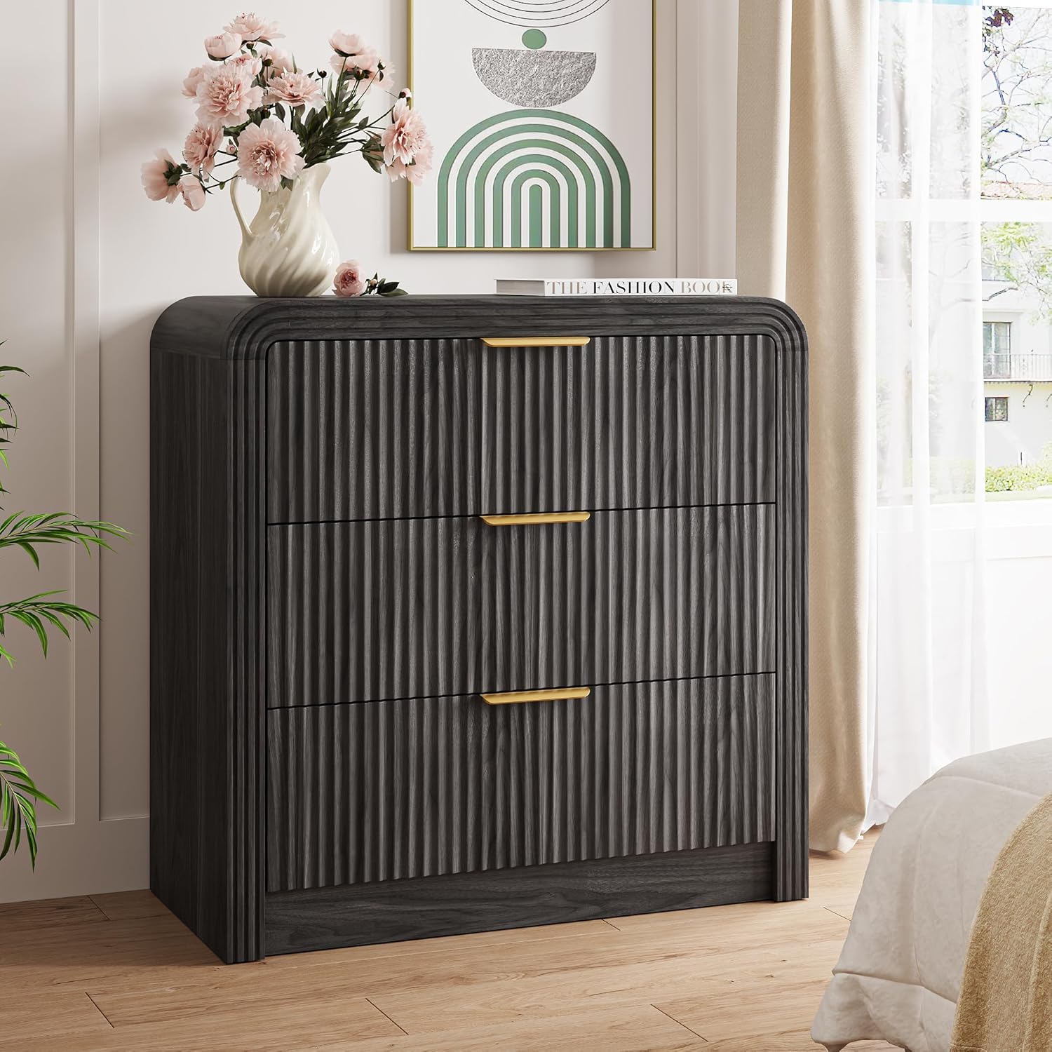 31.5" Wide Oversized Fluted Nightstand, Curved Profile Design, Modern Beside Table with 3 Large Storage Drawers, End Table for Bedroom (Dark Gray)