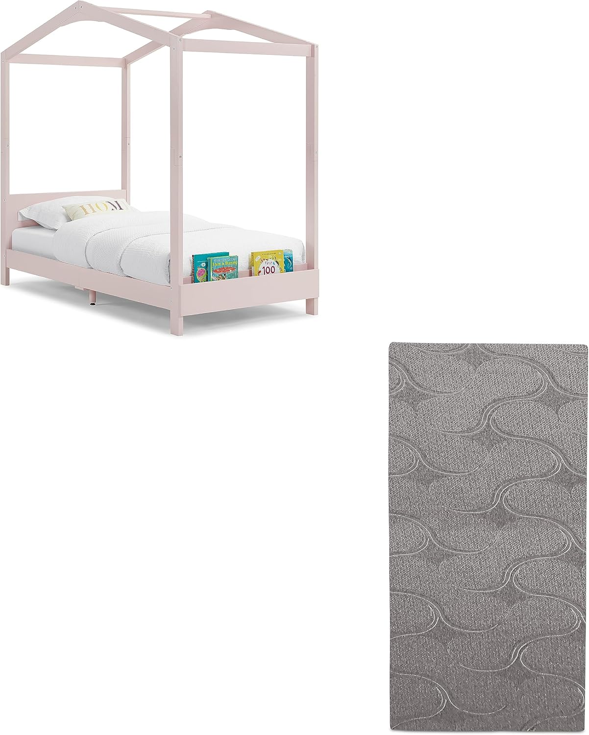 Delta Children Poppy House Twin Bed, Blush Pink Snooze 6 inch Memory Foam Twin Mattress (Bundle)