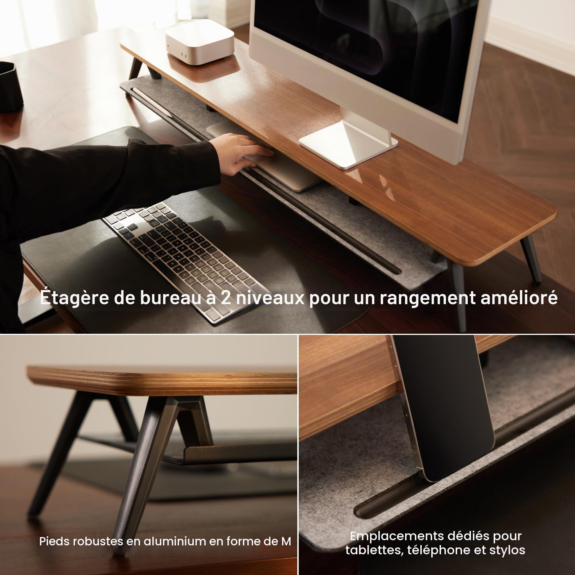 Fenge Support Ecran PC 108cm, Bois Massif Multicouche, Moniteur TV, Marron