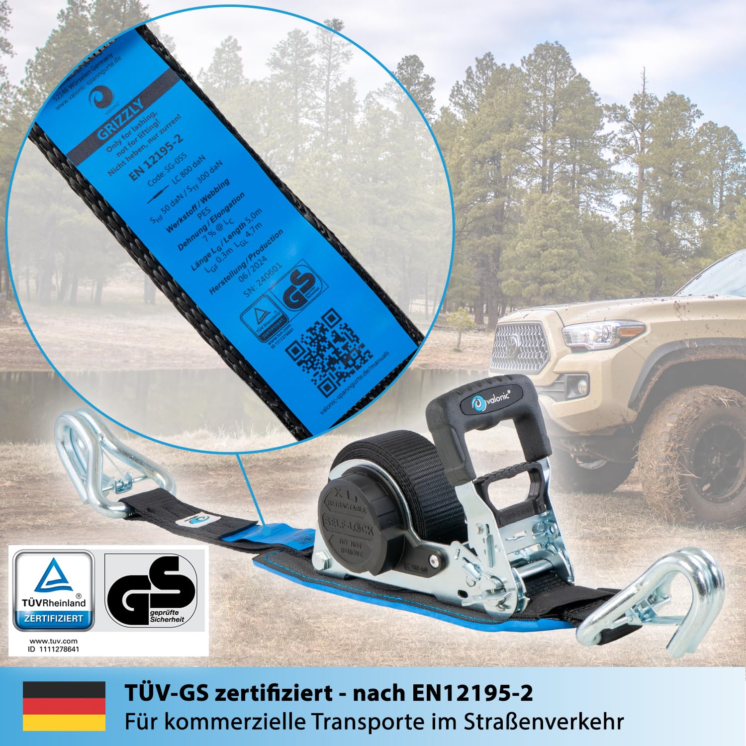 valonic Grizzly - 2X 5m XXL Automatik Spanngurt mit Haken, gepolstert, Blaue Fahne, 35mm, 800/1600Kg, TÜV Rheinl. / GS, EN 12195-2 - Spanngurte mit Ratsche, Zurrgurte für Motorrad, Auto, schwarz