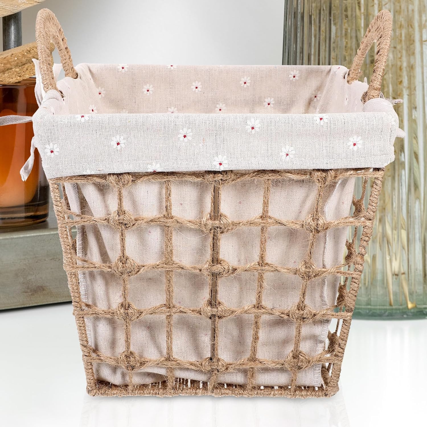 Kichvoe Woven Storage Basket with Cotton Lining and Rope Handles, Small Square Decorative Organizer for Home and Desktop Storage, Rustic Farmhouse Style