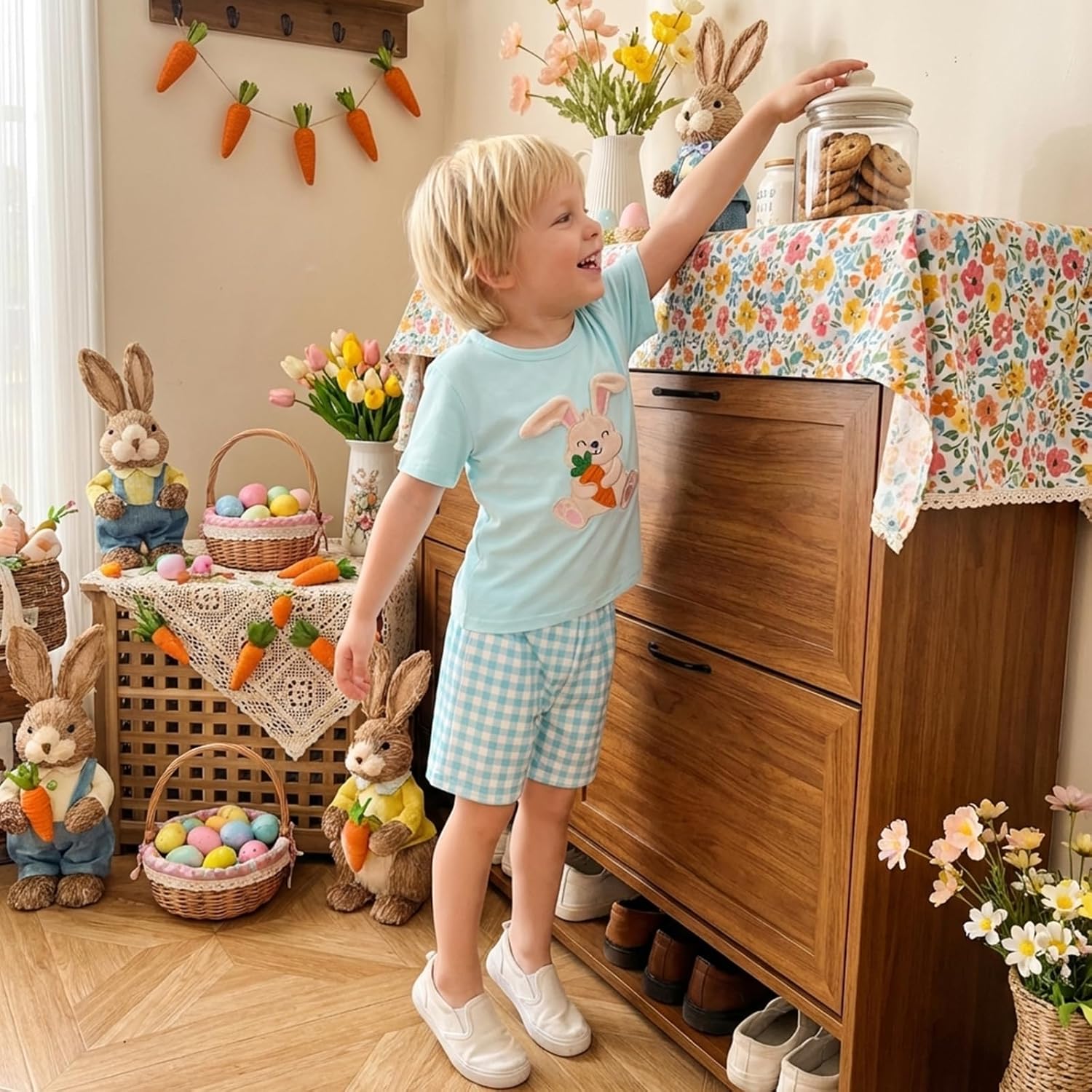 Toddler Baby Boy Easter Outfit Bunny Embroidered Short Sleeve T-Shirt Tops Plaid Shorts 2pcs Set Cute Infant Clothes - Image 4