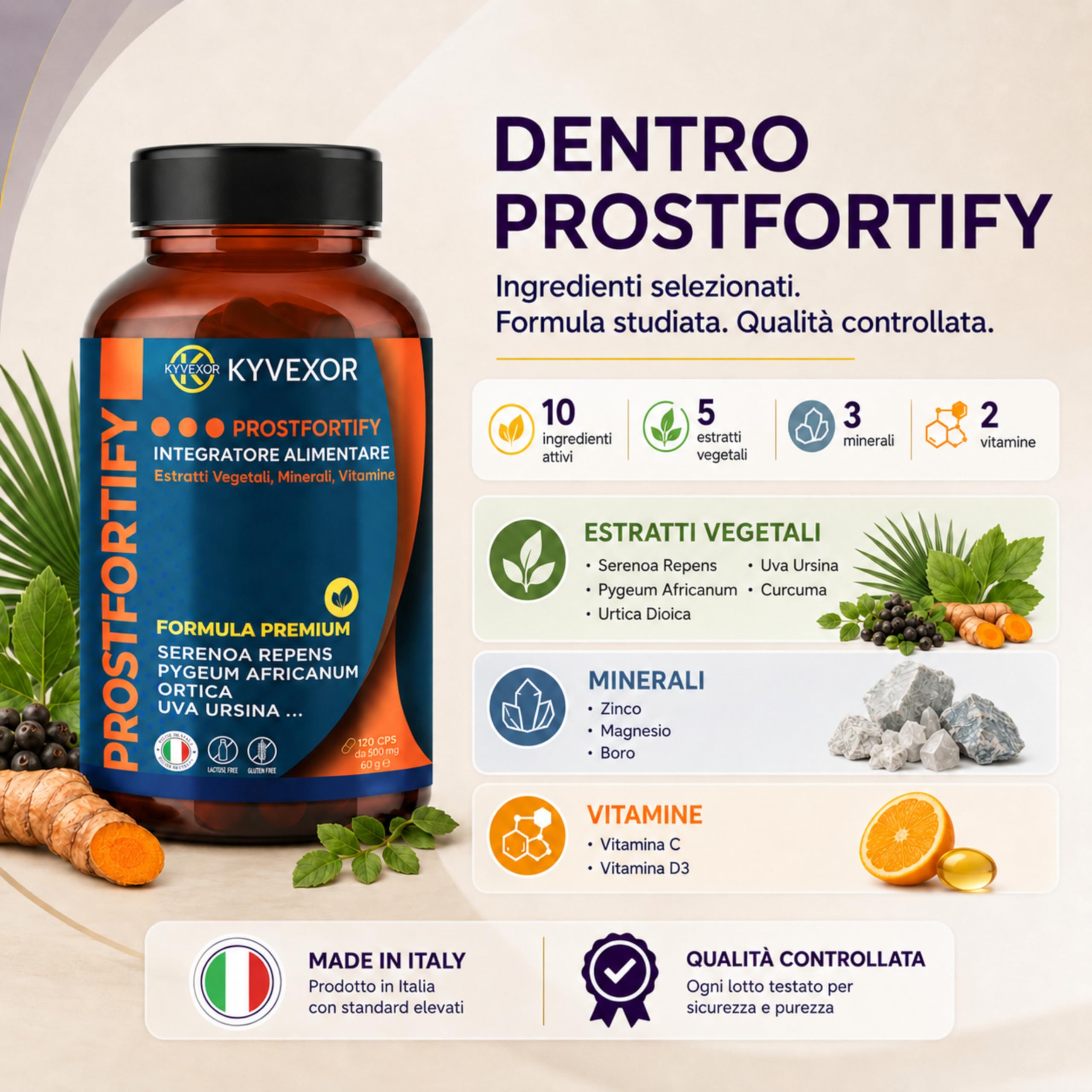 KYVEXOR ProstFortify Integratore Prostata Uomo 10 in 1 | Serenoa Repens/Saw Palmetto, Pygeum Africanum, Curcuma, Zinco, Vitamina C, D3 | Prostate Support, Benessere Prostatico e Vie Urinarie.