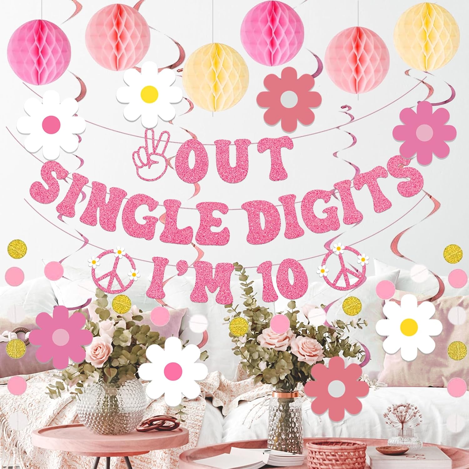 Roetyce 10th Birthday Decorations for Girls, Pink Out Single Digits I'm 10 Banner Honeycomb Balls Hanging Swirls, Flower Themed 10th Birthday Party Supplies, Rose Gold 10 Years Old Photo Background