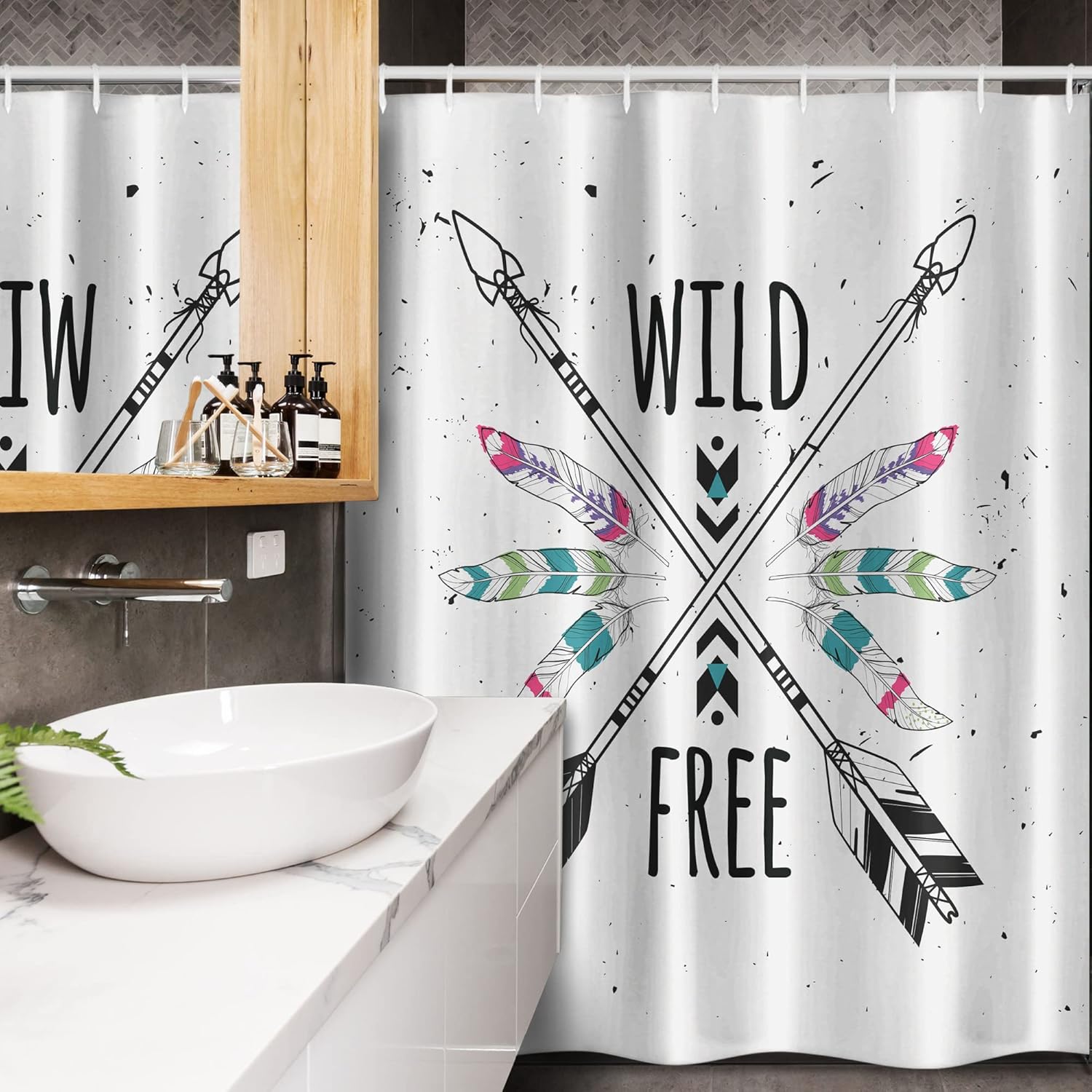 Ambesonne Tribal Stall Shower Curtain, Crossed Arrows Wild and Free Motivation Art Words Prehistoric Illustration, Fabric Bathroom Decor Set with Hooks, 54" W x 78" L, Coconut Black