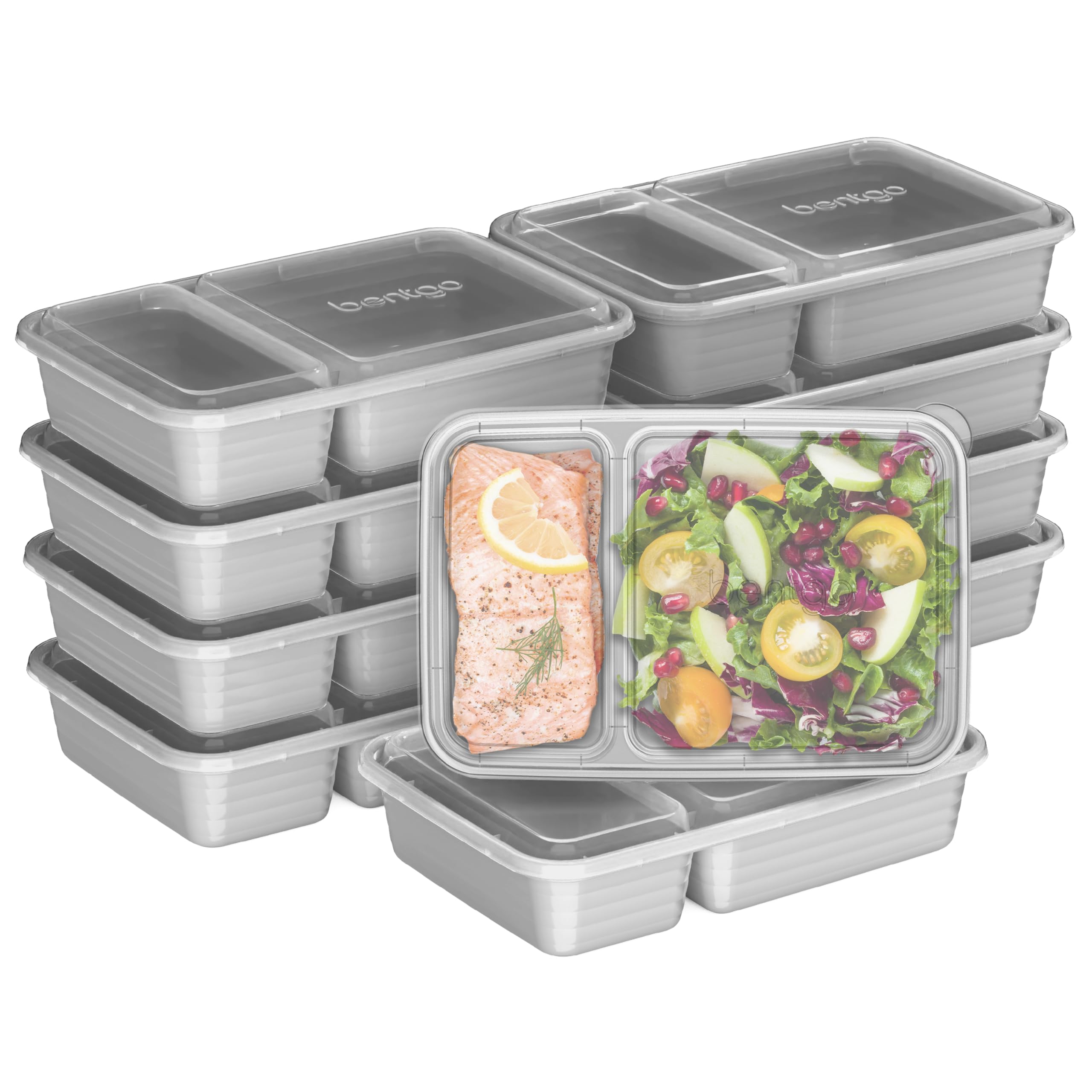 Bentgo Prep - 20-Piece 2-Compartment Reusable Meal Prep Containers with Lids, PFAS & BPA Free Materials, Durable, Microwave, Freezer, & Dishwasher Safe To Go Food Storage (Silver)