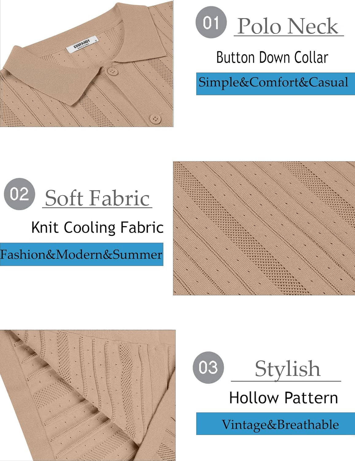 COOFANDY Mens Knit Button Down Shirts Crochet Polo Shirts Vintage Short Sleeve Textured Shirts Summer Beach Tops - Image 5