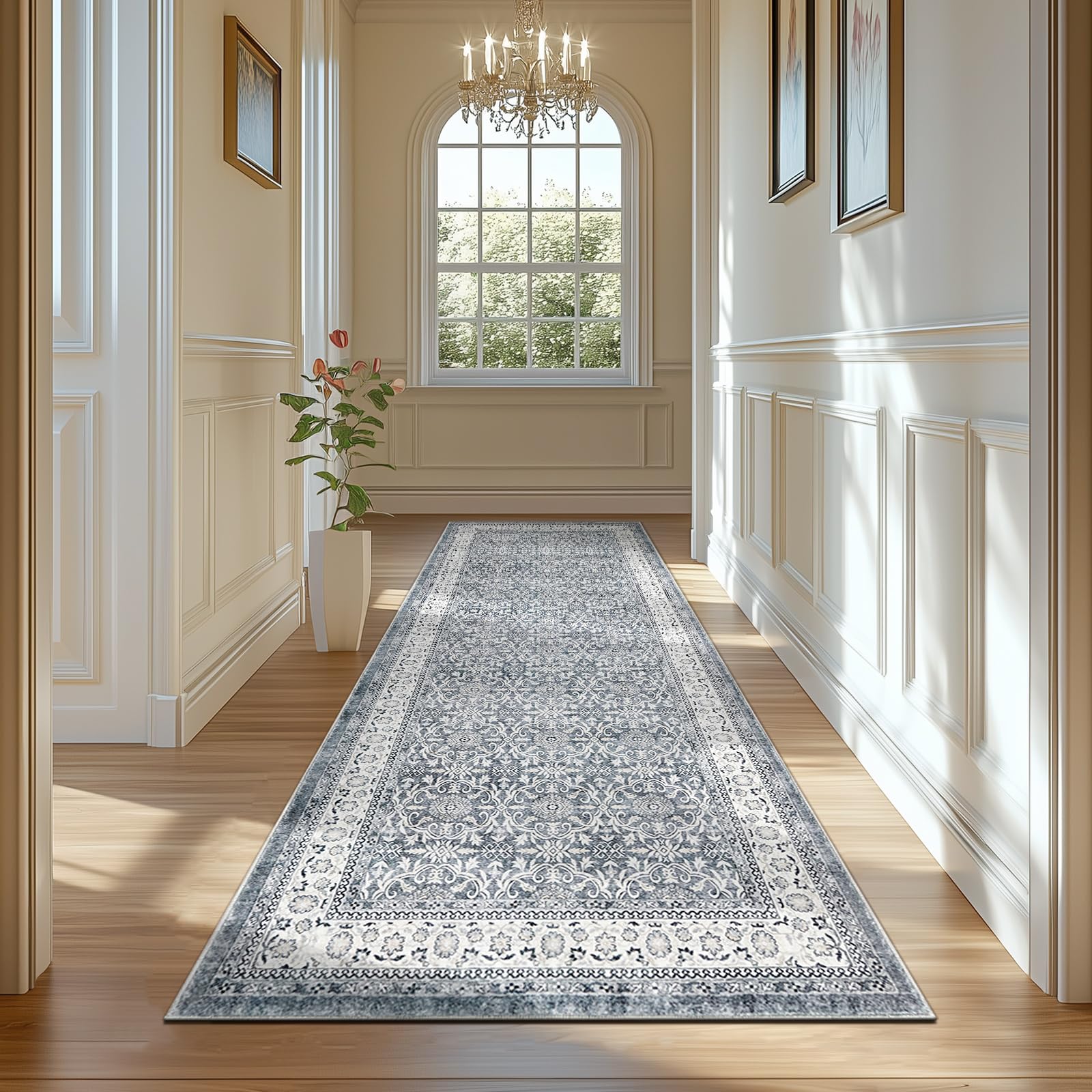 jinchan Hallway Runner Rug 3x10 - Machine Washable Grey Vintage Floral Distressed Design Soft Non-Slip Low-Pile Ultra-Thin Runner Rug for Kitchen