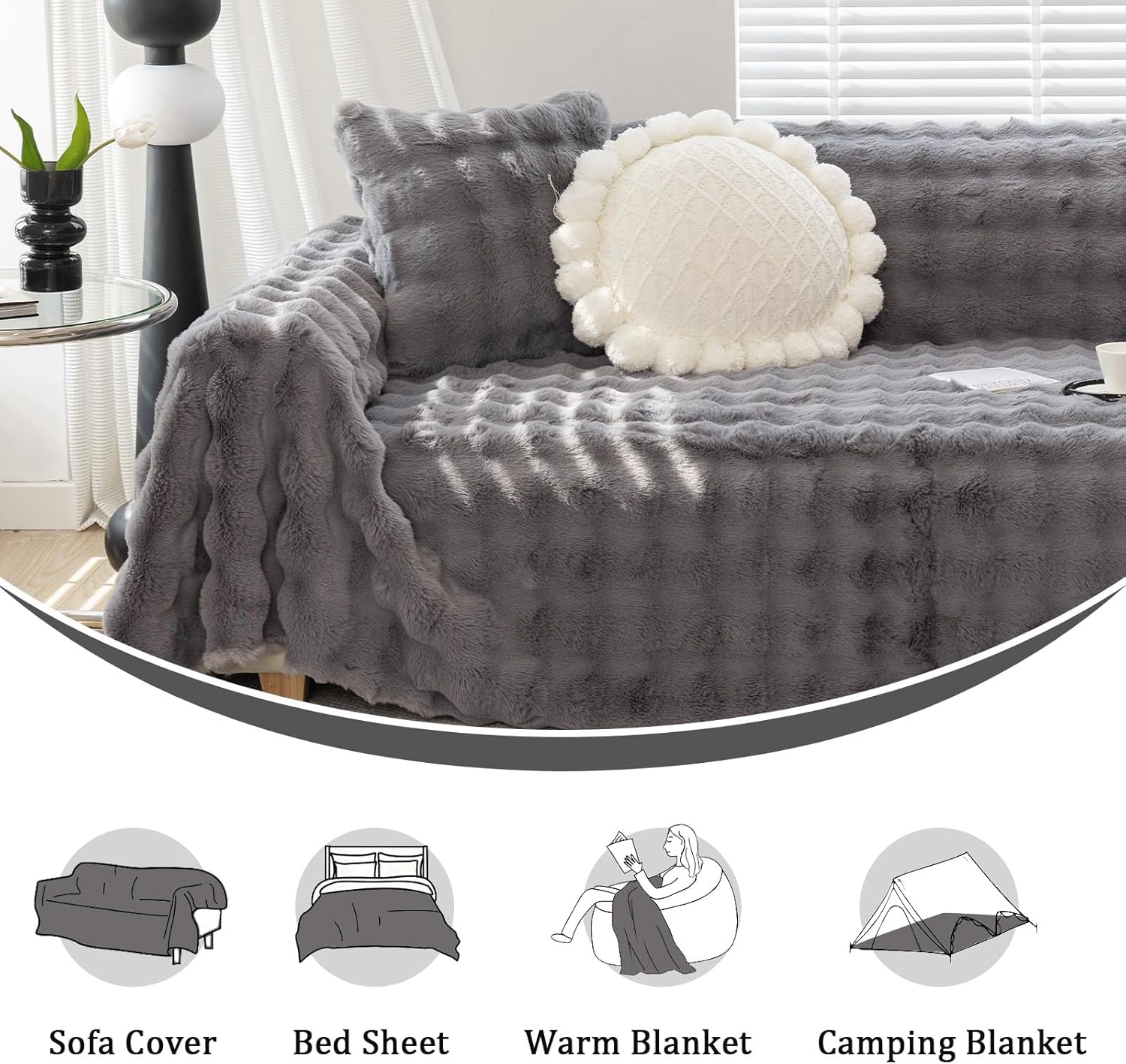 Foreate Fuzzy Plush Sofa Covers, Faux Fur Couch Cover for 3 Cushion Couch Sofa, Sectional Couch Cover, Warm L Shaped Sofa Slipcovers for Dogs, Cats (Dark Grey, 71" x 118")