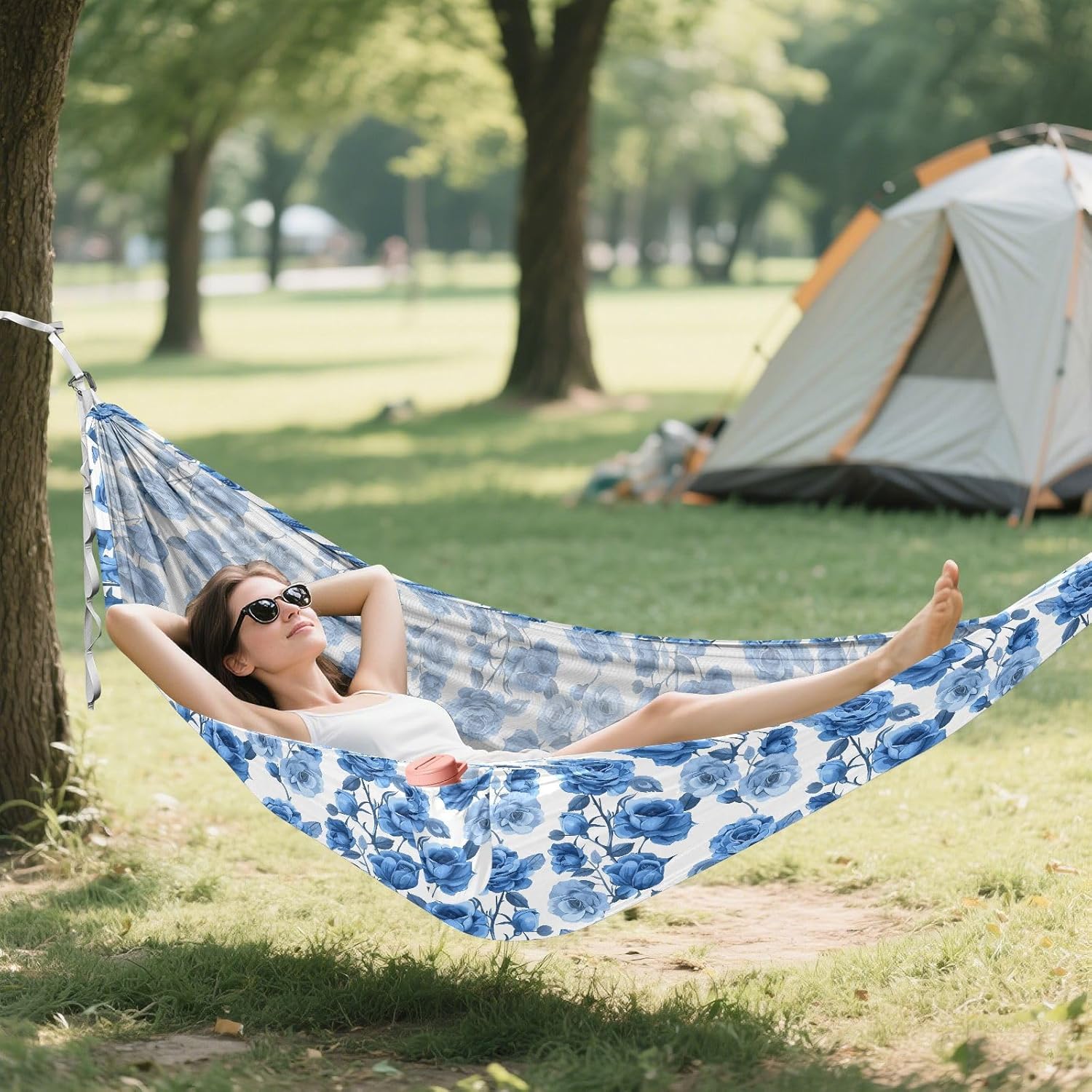 ALAZA Blue Rose Floral Flower Camping Hammocks Single or 2 Person 500 lbs Portable Parachute Travel Hammock w/Tree Straps for Hiking Backpacking Indoor Outdoor