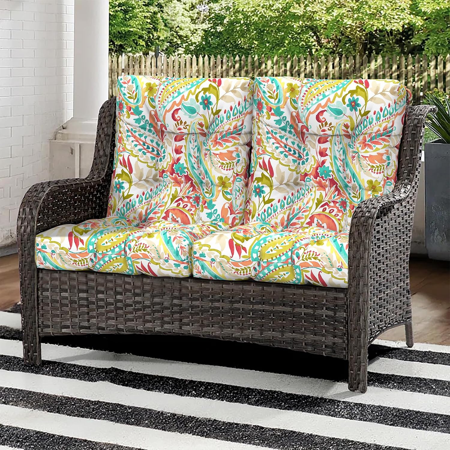 Outdoor Seat Chair Cushions, Tufted Back Patio Furniture Cushions Set of 2, Water Repellent Wicker Replacement for Home Garden Chairs, 42x21x4 Inch, Pretty Paisley