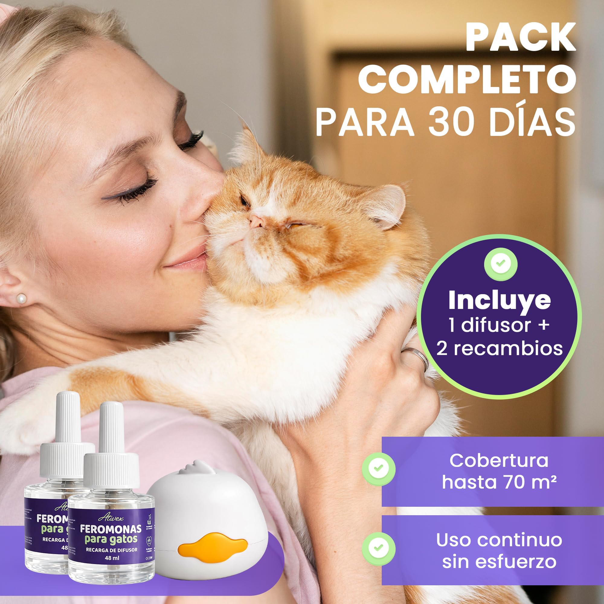 Feromonas para Gatos - Difusor + 2 Recambios (60 días, 48 ​​ml) - Ayuda a Crear Armonía y Reducir Conflictos Entre Gatos como el Estrés, Arañazos, Miedos, Cambios, Marcaje con Orina.