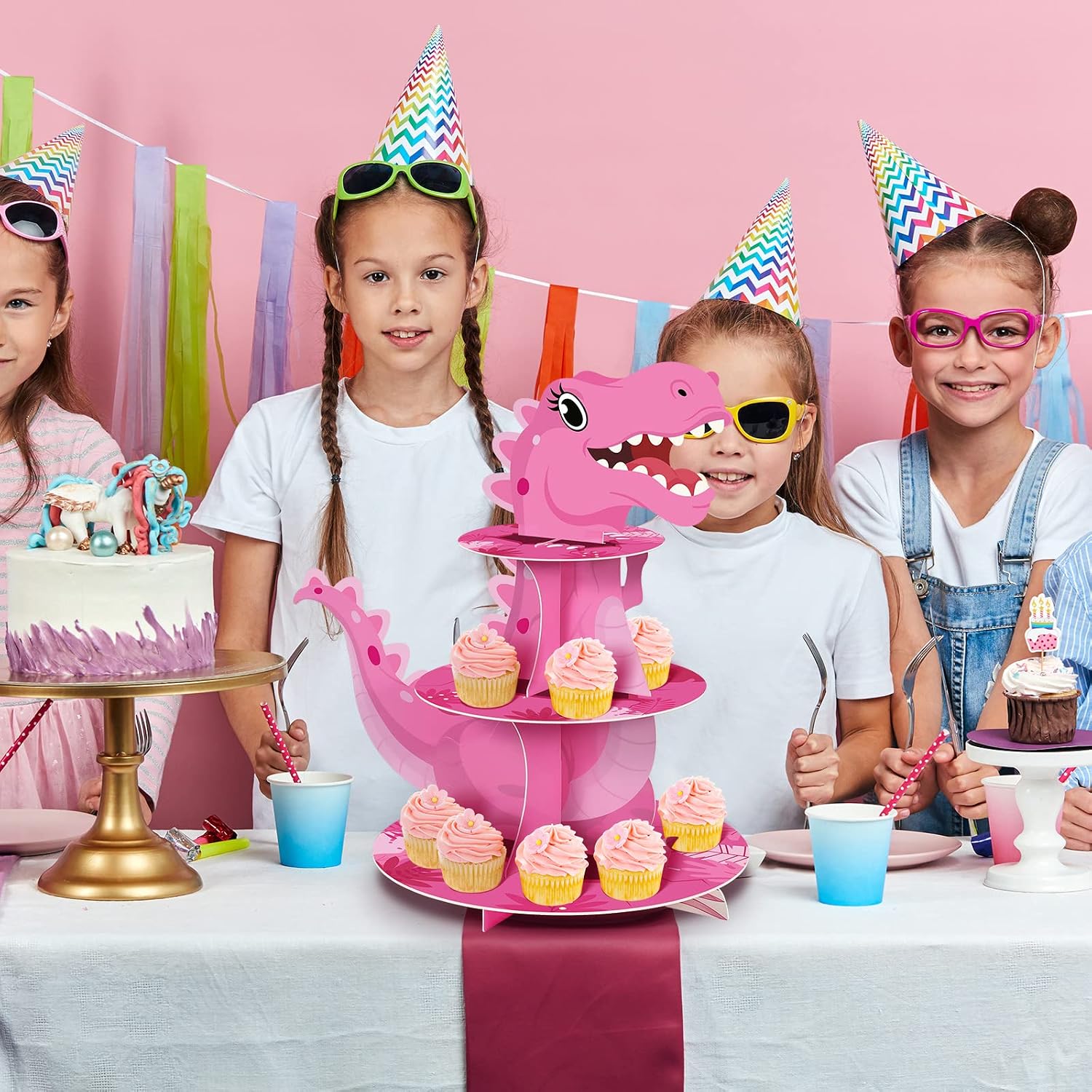 Censen Pink 3 Tier Dinosaur Cupcake Stand Dinosaur Party Decoration for Kid