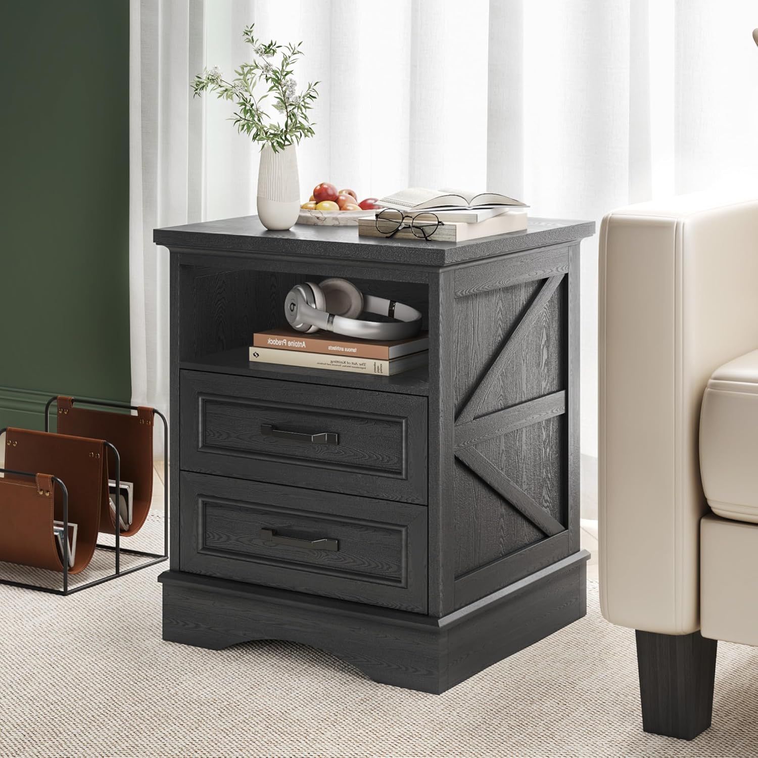 24" Tall Farmhouse Nightstands Set of 2, Night Stands with Fast Charging Station, Beside Tables with Drawers and Open Storage, Rustic End Tables for Bedroom, Antique Black