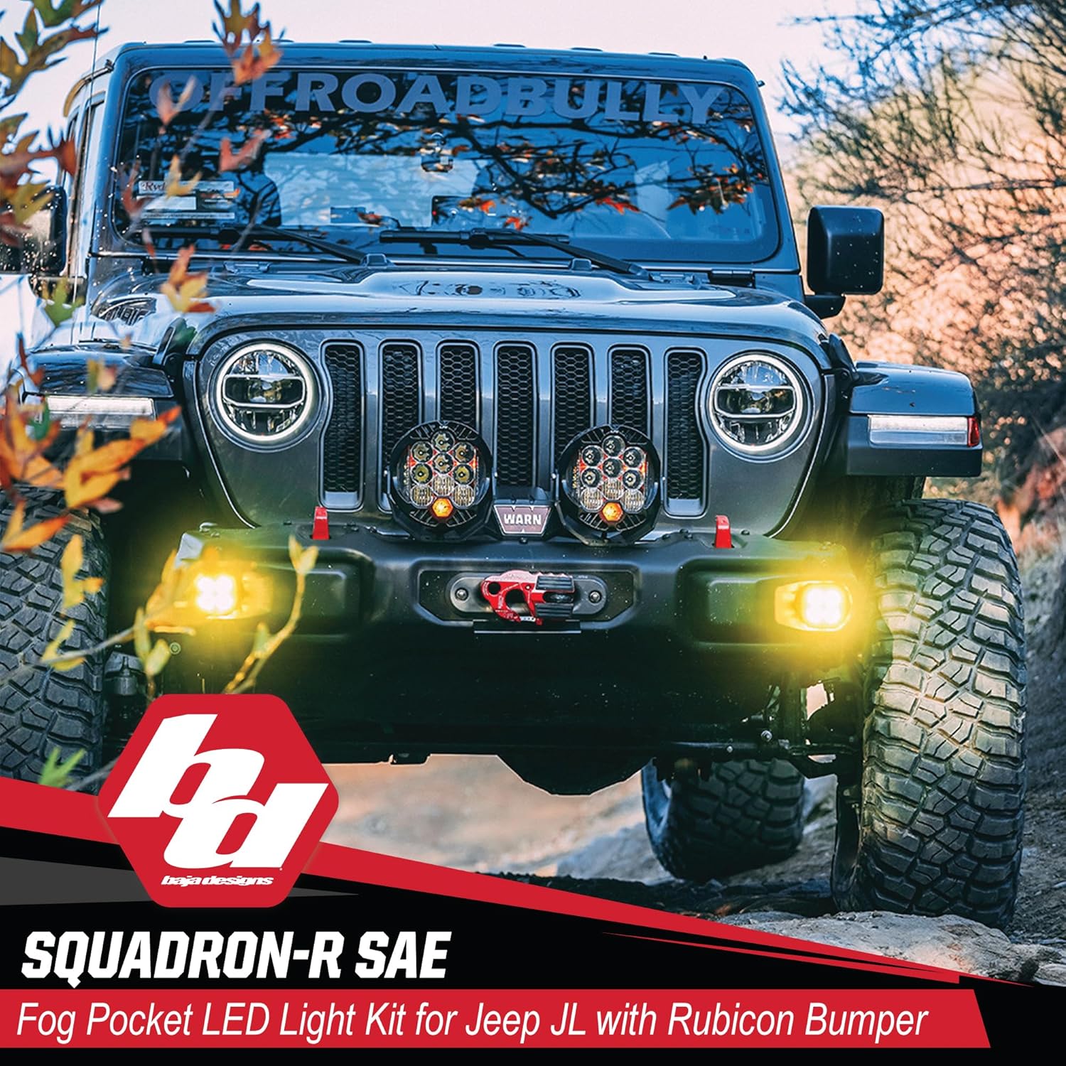 Baja Designs Squadron-R SAE LED Fog Pocket Light Kit for Jeep Gladiator 2020-22, Wrangler JL 2018-22 with OEM Rubicon Bumper (Wide Cornering; Amber)