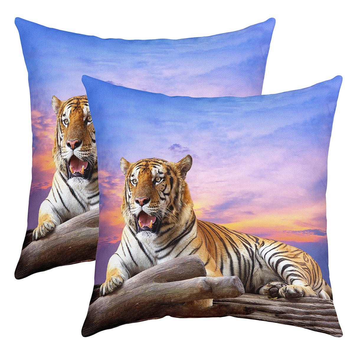 Loussiesd Tiger Throw Pillow Covers for Sofa Bed Set of 2 Wild Animal Decorative Pillows Cushion Covers Wildlife Blue Sky Safari Cat Print Yellow Pillow Inserts Not Included 22x22 Inch โ image 1