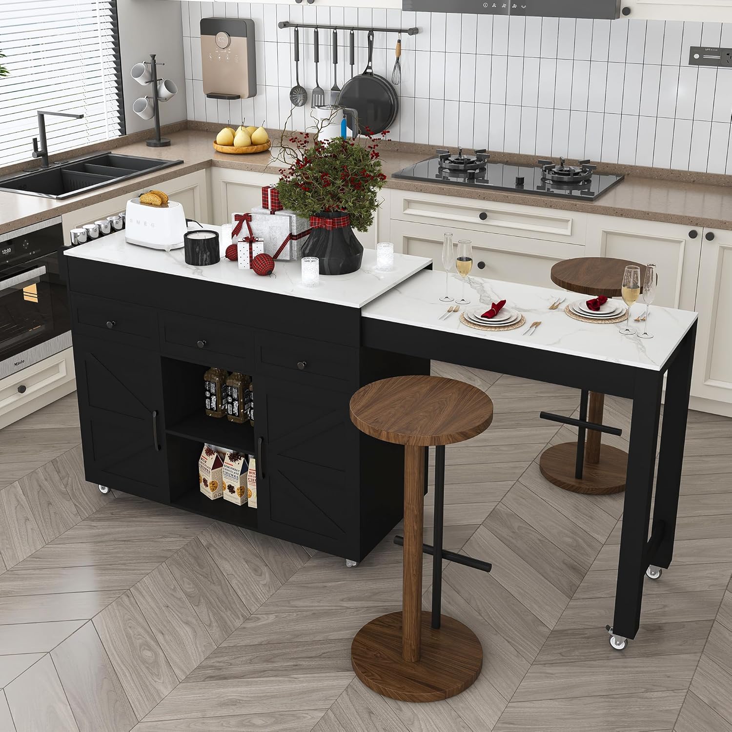 Leavader 74" Kitchen Island Cart with Extendable Dining Table & Power Outlet, Mobile Kitchen Rolling Island on Wheels with 3 Drawers & 2 Cabinet, Breakfast Bar with Spice Rack for Dining Room, Black