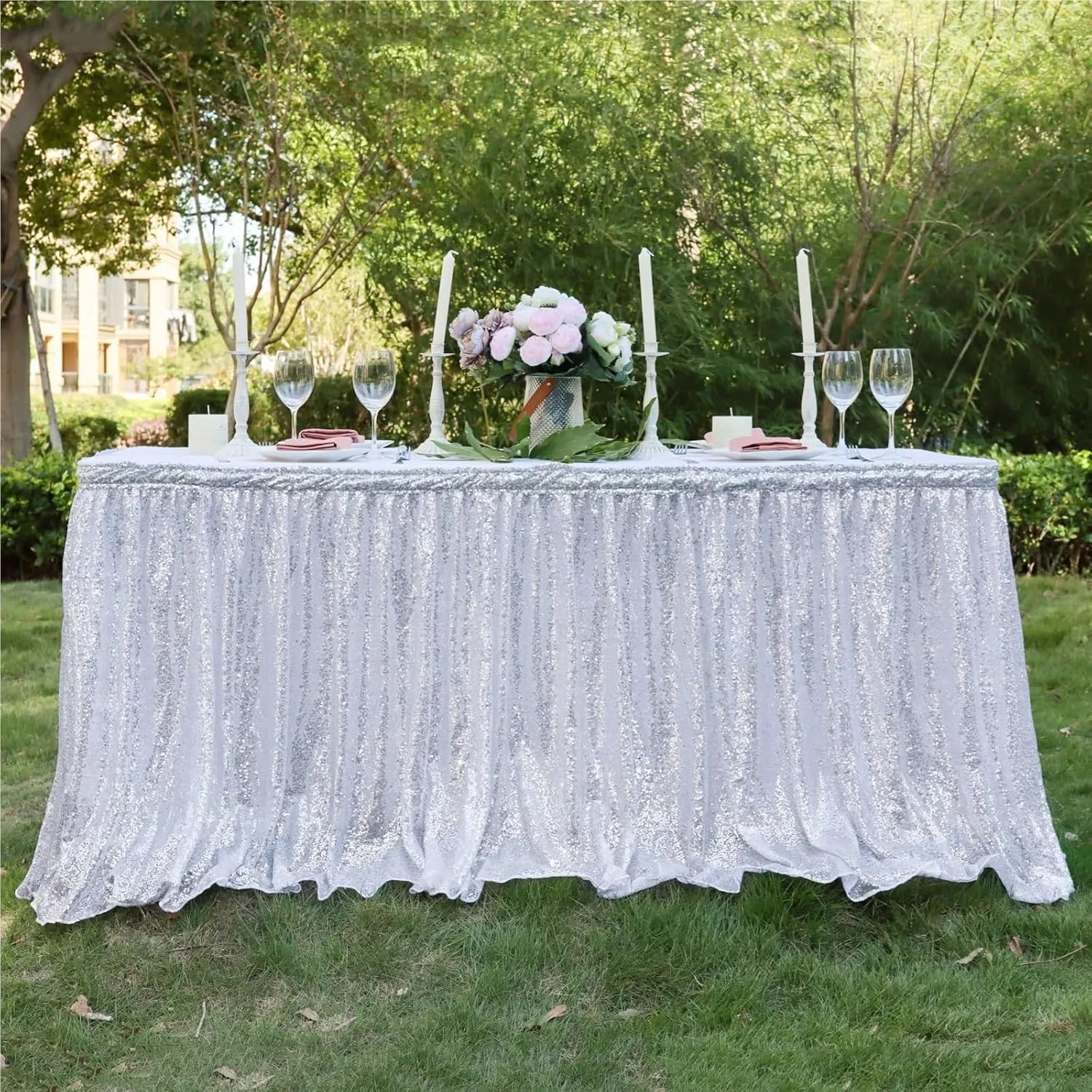 Table Skirt 4/6/9/14ft Sequin Table Skirt For Round/Rectangle/Square Table For Birthday Party Wedding(White,6ft 70x183cm)