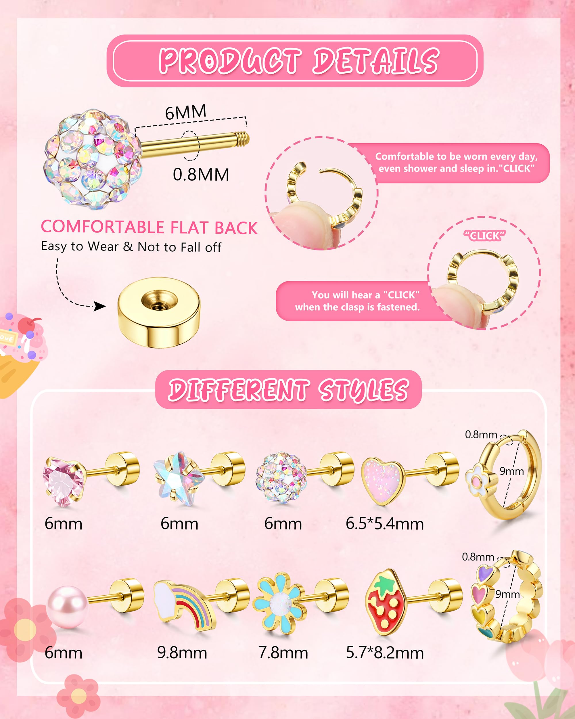 CASSIECA 10 Paires Boucle d'Oreille Enfants Fille Boucle d'Oreille Femme Acier Inoxydable Hypoallergenique Creoles Ensemble Boucles d'Oreilles Mignonnes de Cœur Fleur Arc-en-Ciel Zircon
