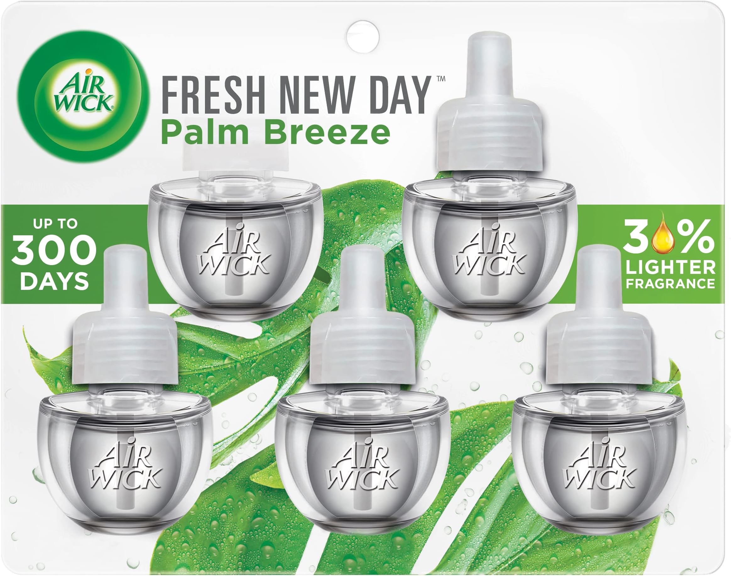 Air Wick Plug in Scented Oil Refill, 5 ct, Fresh New Day Palm Breeze, Air Freshener, Essential Oils