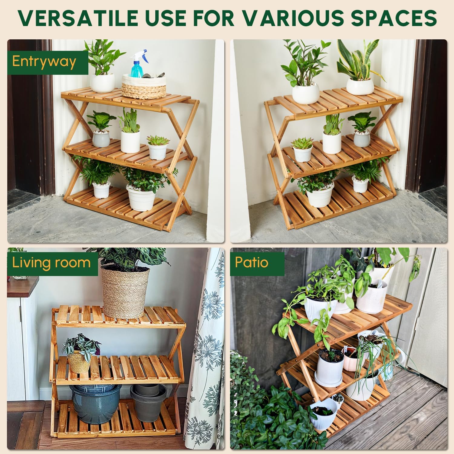 BEEFURNI Acacia Plant Stand Indoor, Wooden Outdoor Plant Stand, Foldable Plant Stand, 3 Tier Conner Space Flower Stand, Plant Ladder Stand (Natural)