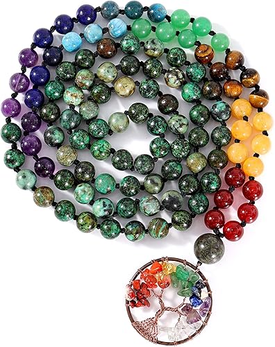 Bivei - Pulsera de 108 cuentas de mala. Collar de piedras preciosas curativas, árbol de la vida de 7 chakras, para meditación y yoga.