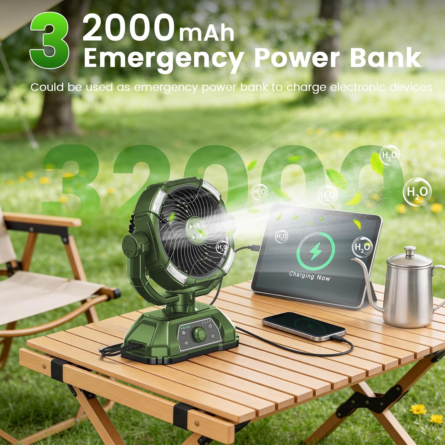 XAP Portable Misting Fan Rechargeable for Hot Weather - 9-inch Oscillating Camping Fan with USB Battery as Power Bank, 4 Mist Cooler, 7L Bucket for Outdoor/Camping/Patio/Golf (Green)
