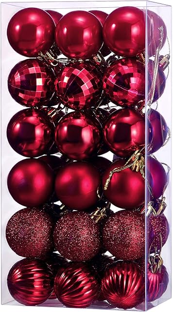 Sumind 36 Pieces Newyear Ball Ornaments Shatterproof Newyear Decorations Tree Balls for Tree Ornaments Holiday Wedding Party Decoration Hooks 1.57 Inch(Burgundy)