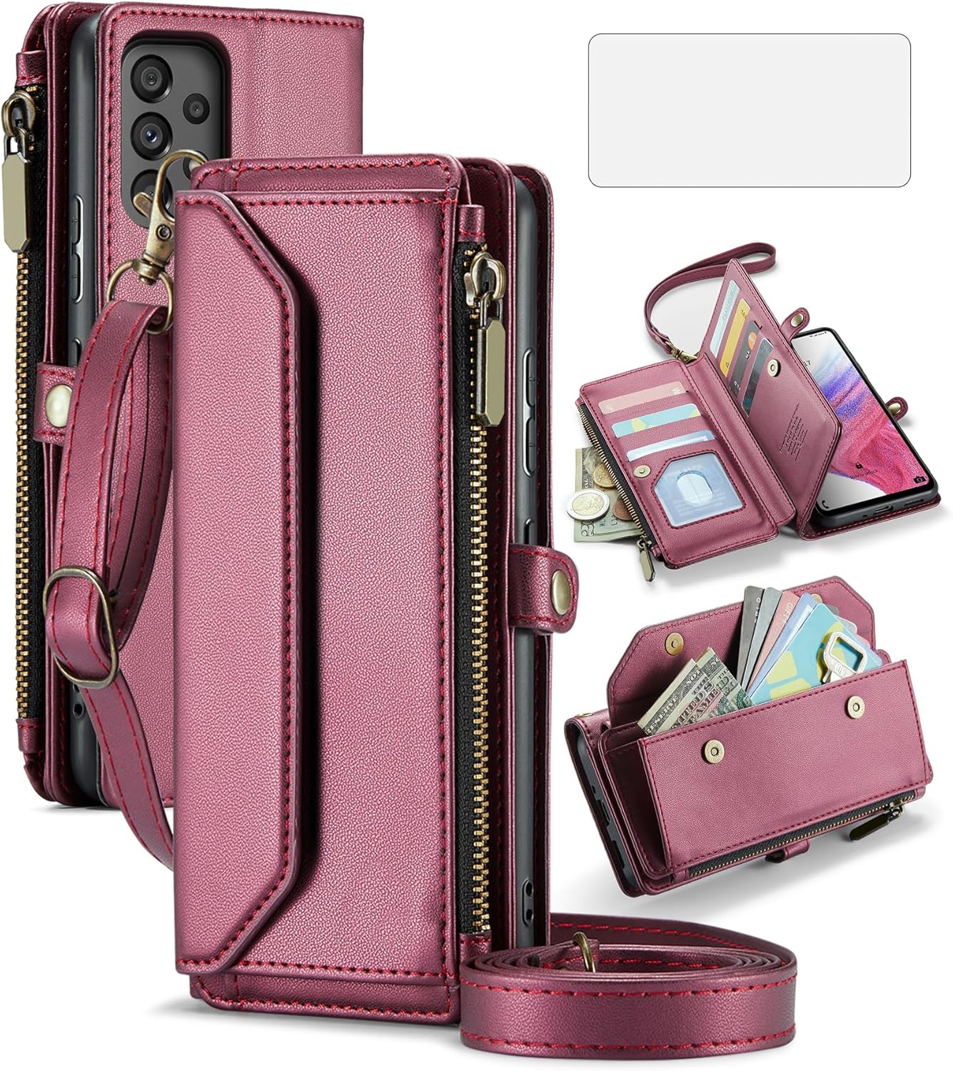 Asuwish Phone Case for Samsung Galaxy A53 5G Zipper Wallet Cover with Tempered Glass Screen Protector and Flip RFID Blocking Credit Card Holder Cell A 53 G5 53A SM A536U 6.5" 2022 Women Girls Wine Red