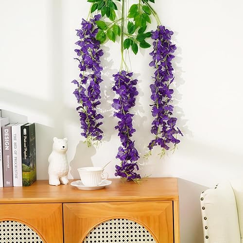 Miniatura 6 de Waipfaru Paquete de 12 flores colgantes de glicina, flores artificiales de glicina morada de 3.6 pies, guirnalda de glicinia con mariposa 3D,