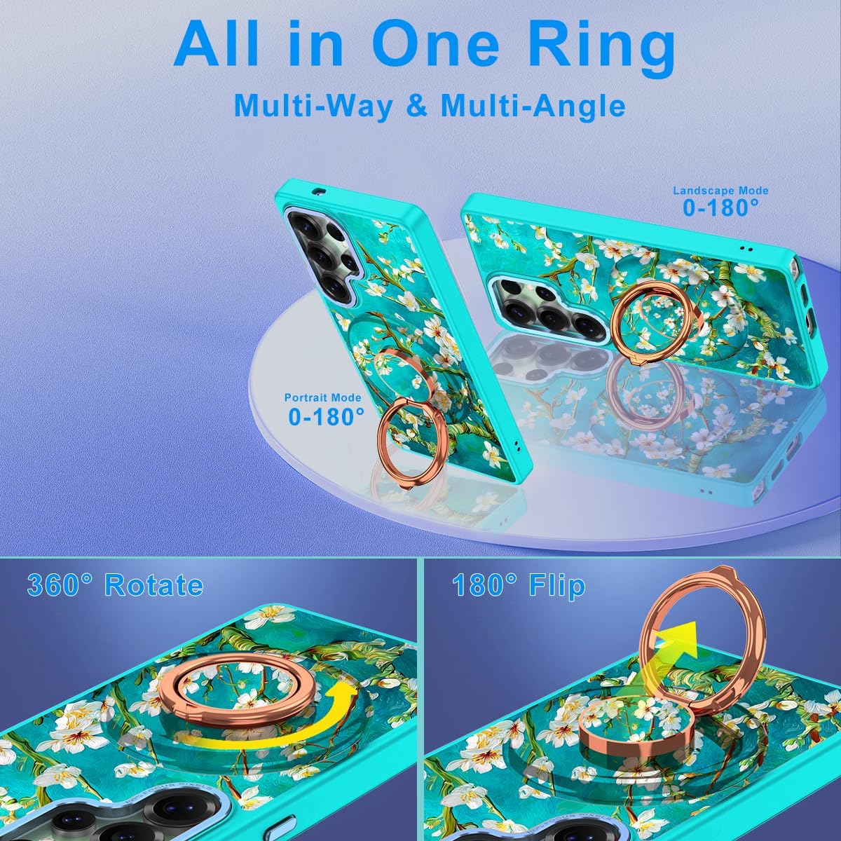 Meshine for Galaxy S25 Ultra Case,Compatible with MagSafe,360°Magnetic Ring Holder Rotation Stand,Matte with Cute Flowers for Women Girls Funny Fashion Cover for Samsung Galaxy S25 Ultra 5G,LightGreen image 4