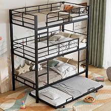 Metal Twin Size Triple Bunk Bed with Trundle for 4, Twin Over Twin Over Twin 3 Bunk Beds with 2 Ladders & Guardrails, Convertible to 3 Separate Beds for Kids Teens, Bedroom Homestay, Black