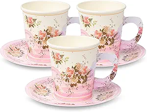 ROYAL BLUEBONNET Tea Party Decorations - 24 Paper Tea Cups and Plates, Disposable Paper Teacups and Saucer Sets for Hot and Cold Drinks for Birthday, Easter, Princess, Mother's Day Parties