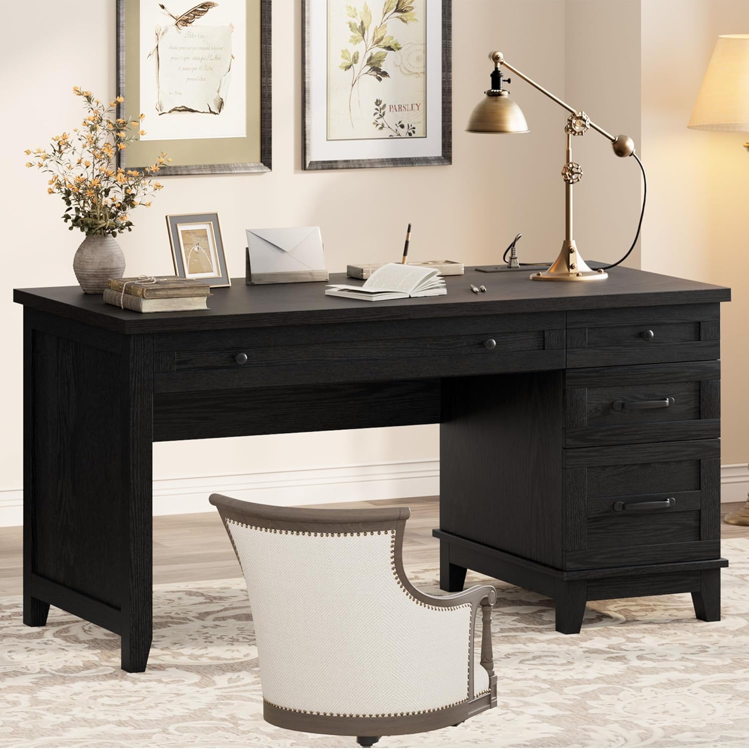 IDEALHOUSE 53.5" Farmhouse Computer Desk with Charging Station, Rustic Black Home Office Executive Desk, Wooden Workstation with File Cabinet Storage Drawers for Writing & Study, Rustic Black